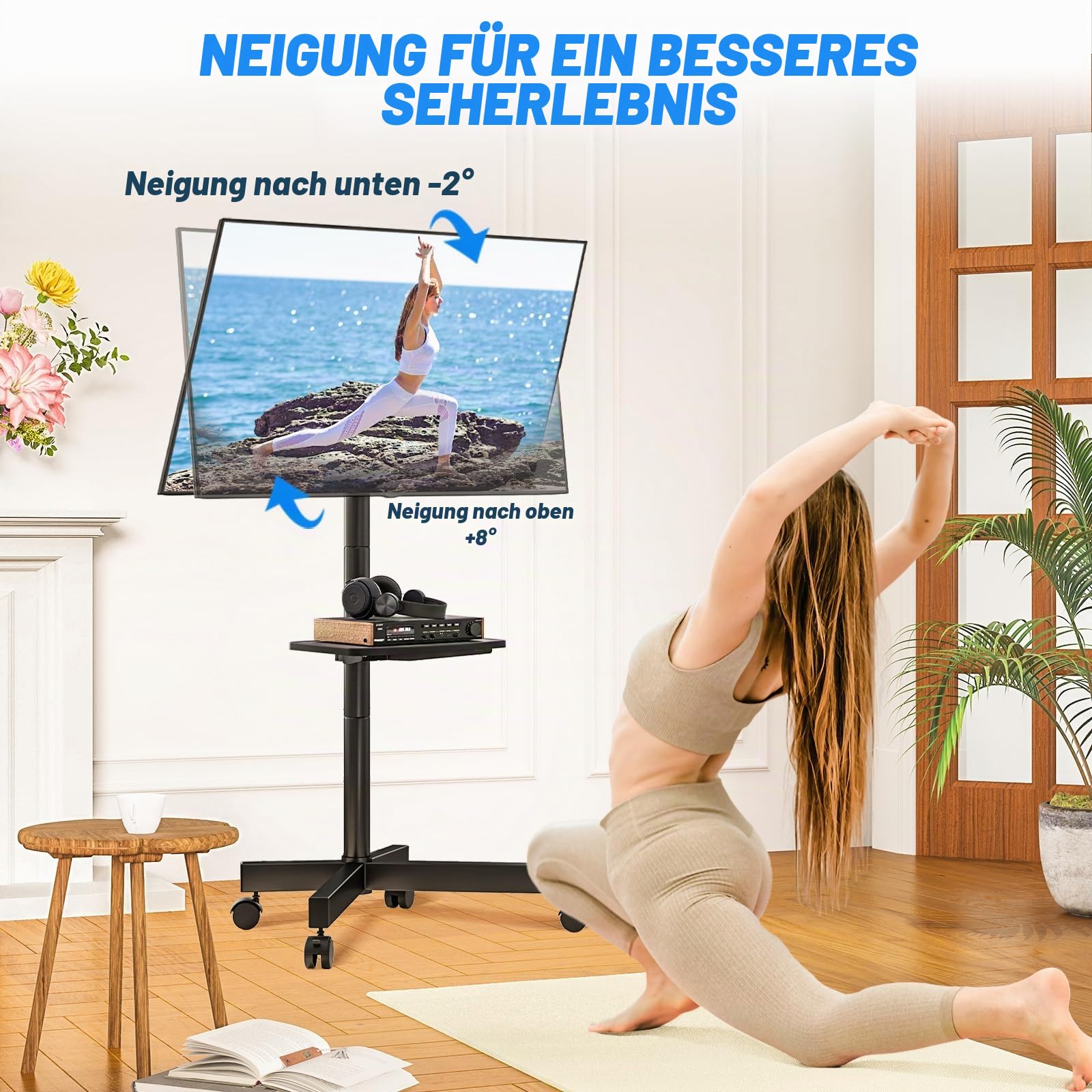 RFIVER TV Ständer Rollbar TV Wagen auf Rollen für 27-60 Zoll Fernseher Fernsehständer TV Standfuss Höhenverstellbar Neigbar Max. 40 KG VESA 400x400 mm