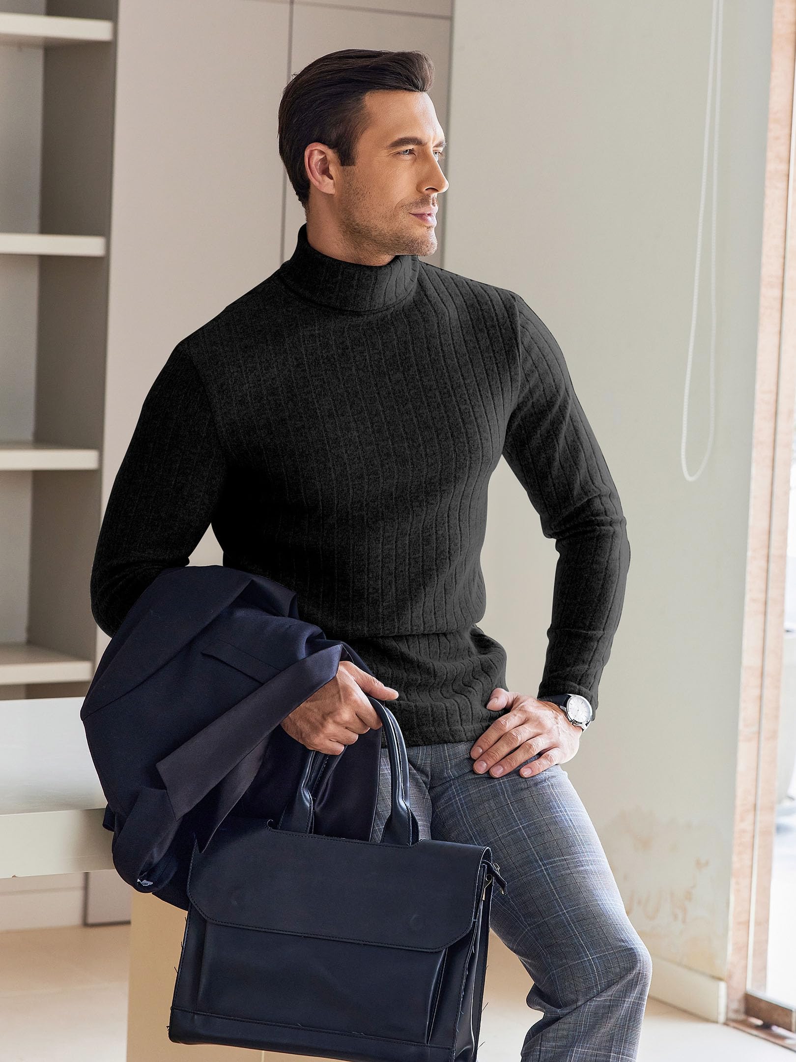 Ekouaer Męska termiczna górna warstwa bazowa golf z długim rękawem slim fit sweter jesień zima bielizna termiczna prążkowana lekka S-XXL
