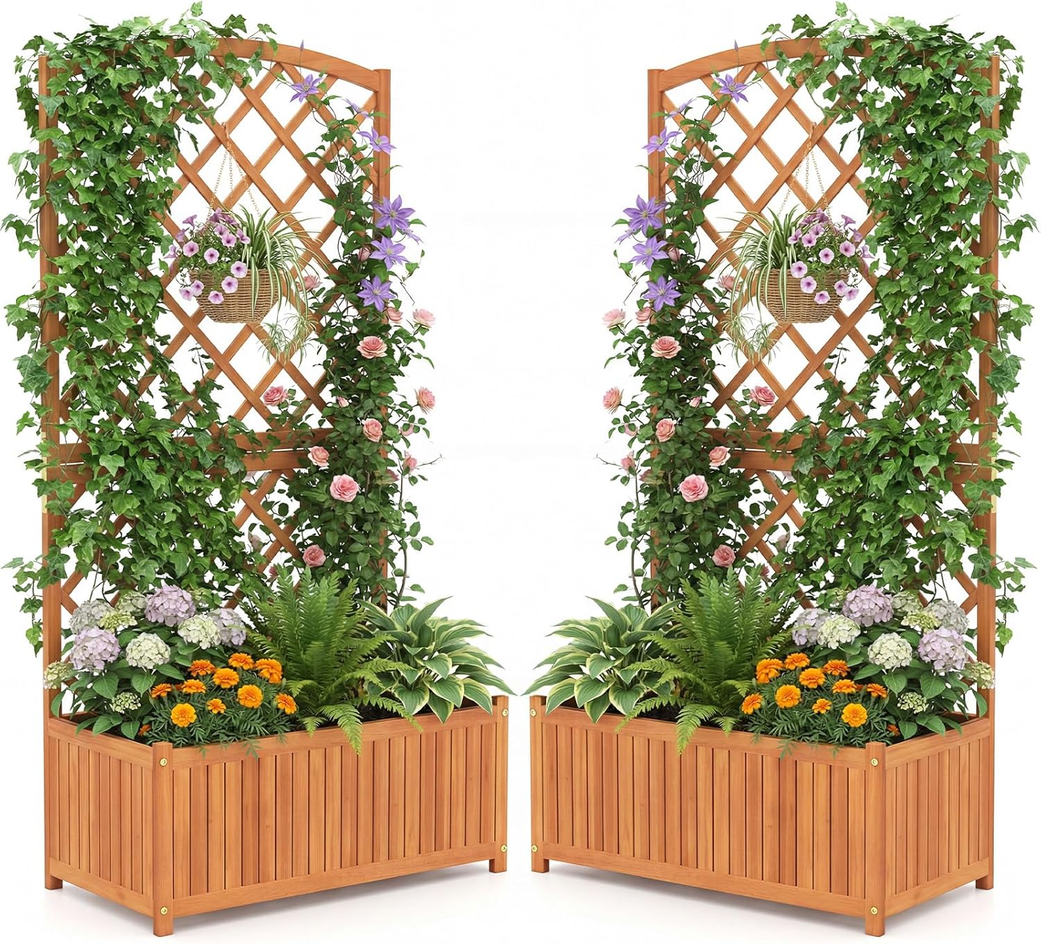 S AFSTAR 2 Pieces Wooden Raised Garden Bed with Trellis, 63" Tall Planter Box with Drainage for Vines Climbing Plants Flowers Herbs, Elevated Gardening Planter for Backyard, Balcony & Patio