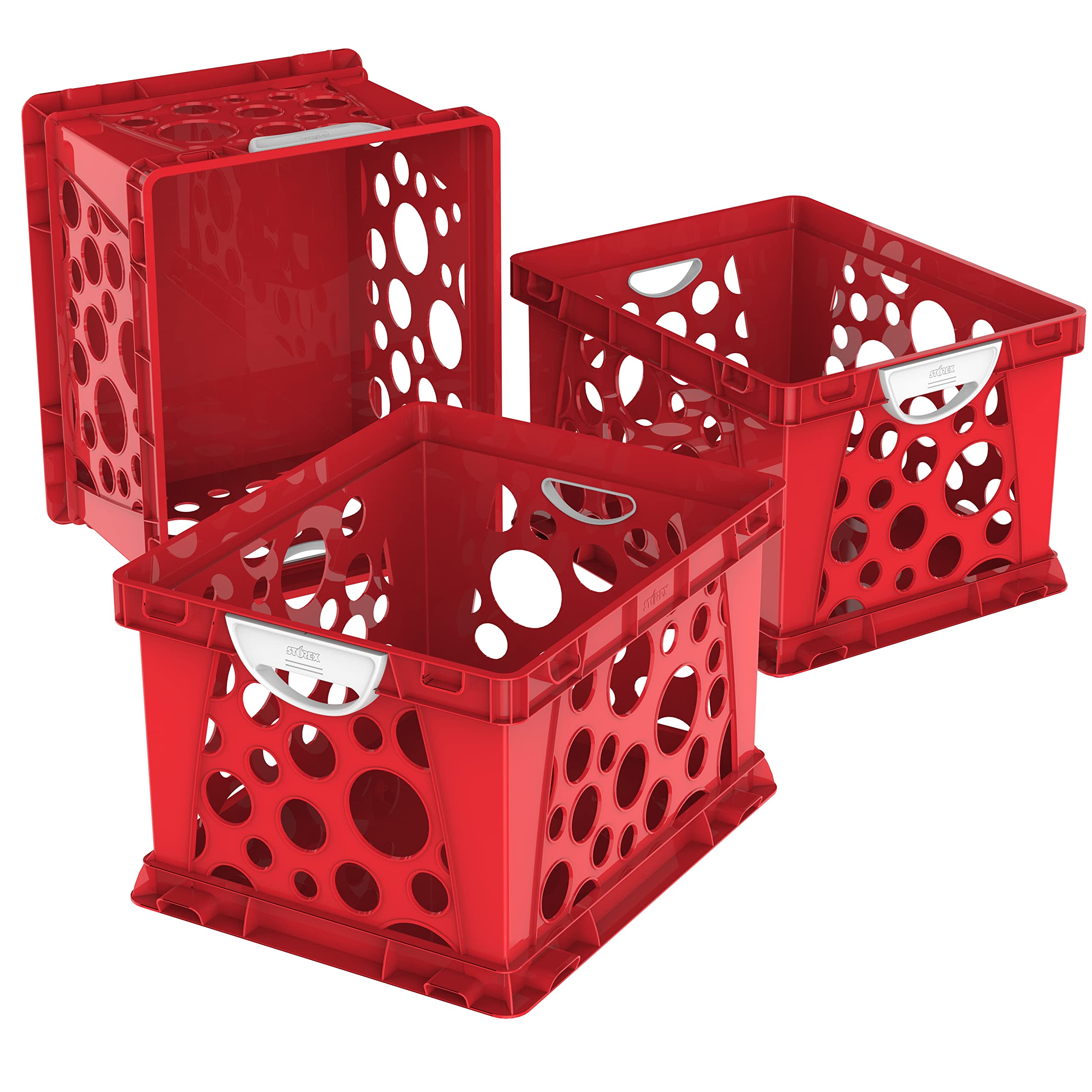 Storex Premium File Crate with Molded Handles – Letter and Legal Document and Folder Storage, Classroom Red, 3-Pack (61456F03C)