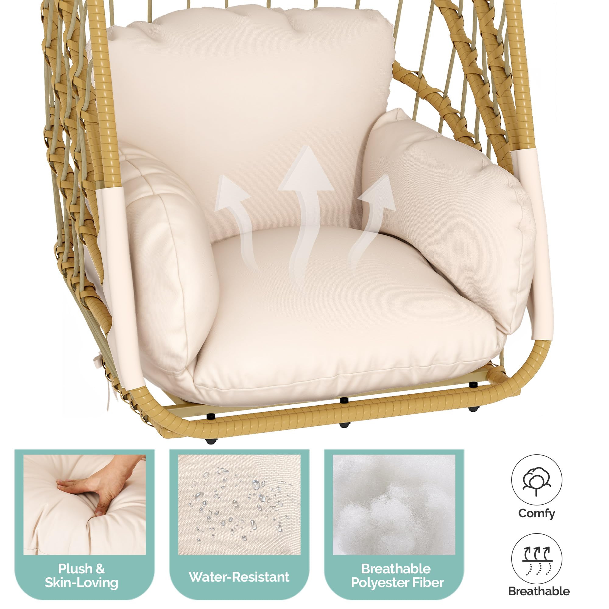 YITAHOME Hamaca Colgante sin Marco, Mecedora de ratán con cojín Lavable, Capacidad de Carga de 160 kg, Silla Colgante Plegable para terraza, jardín, Dormitorio y balcón, Color Beige