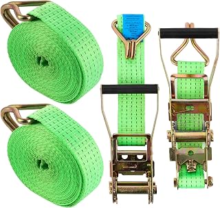 2 Pieces Latch Buckle Straps, 3000 kg Load Capacity, 10 m, 50 | Green polyester ratchet straps with hooks for cargo securing trailers, motorcycles and transport vehicles