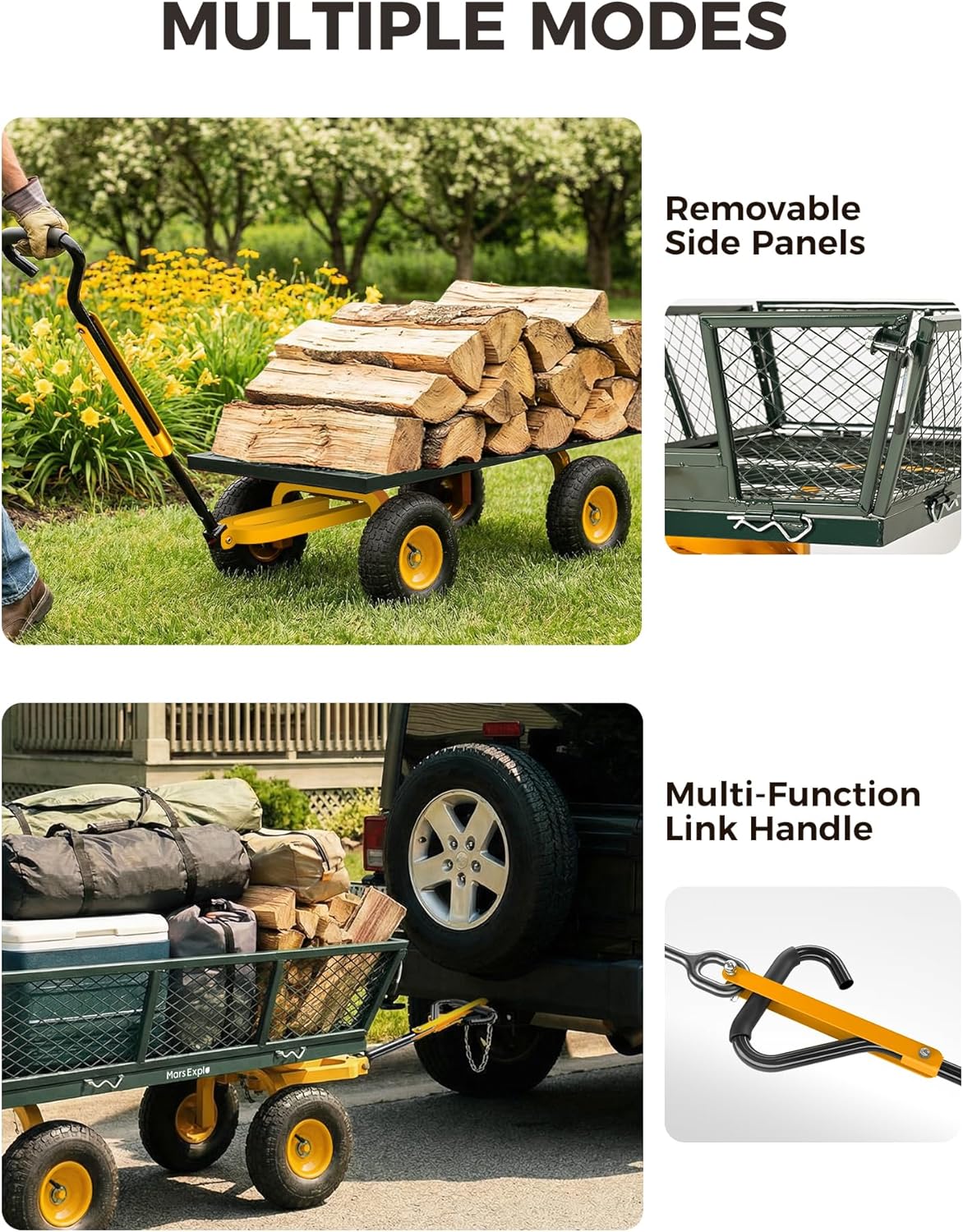 900 Lbs Heavy Duty Steel Garden Cart, Outdoor Metal Garden Wagon On Wheels, Utility Yard Cart with Mesh Removable Sides(Convert to Flatbed) and Removable Handle to Wheel Barrow, Green