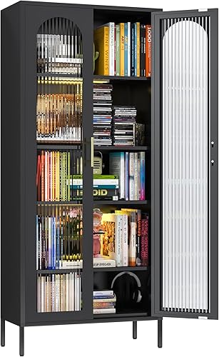 Gabinete de almacenamiento de metal, gabinete de despensa de cocina de 71 pulgadas con puertas de cristal, gabinete alto con puertas y estantes,