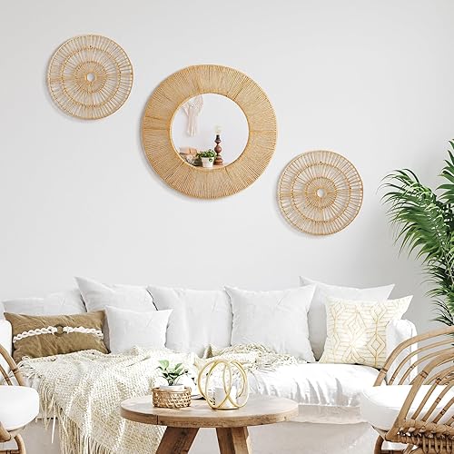 Miniatura 5 de Yerliker 3 piezas de espejo bohemio para decoración de pared, espejo grande montado con yute natural de 19.7 pulgadas y 11.8 pulgadas, marco para
