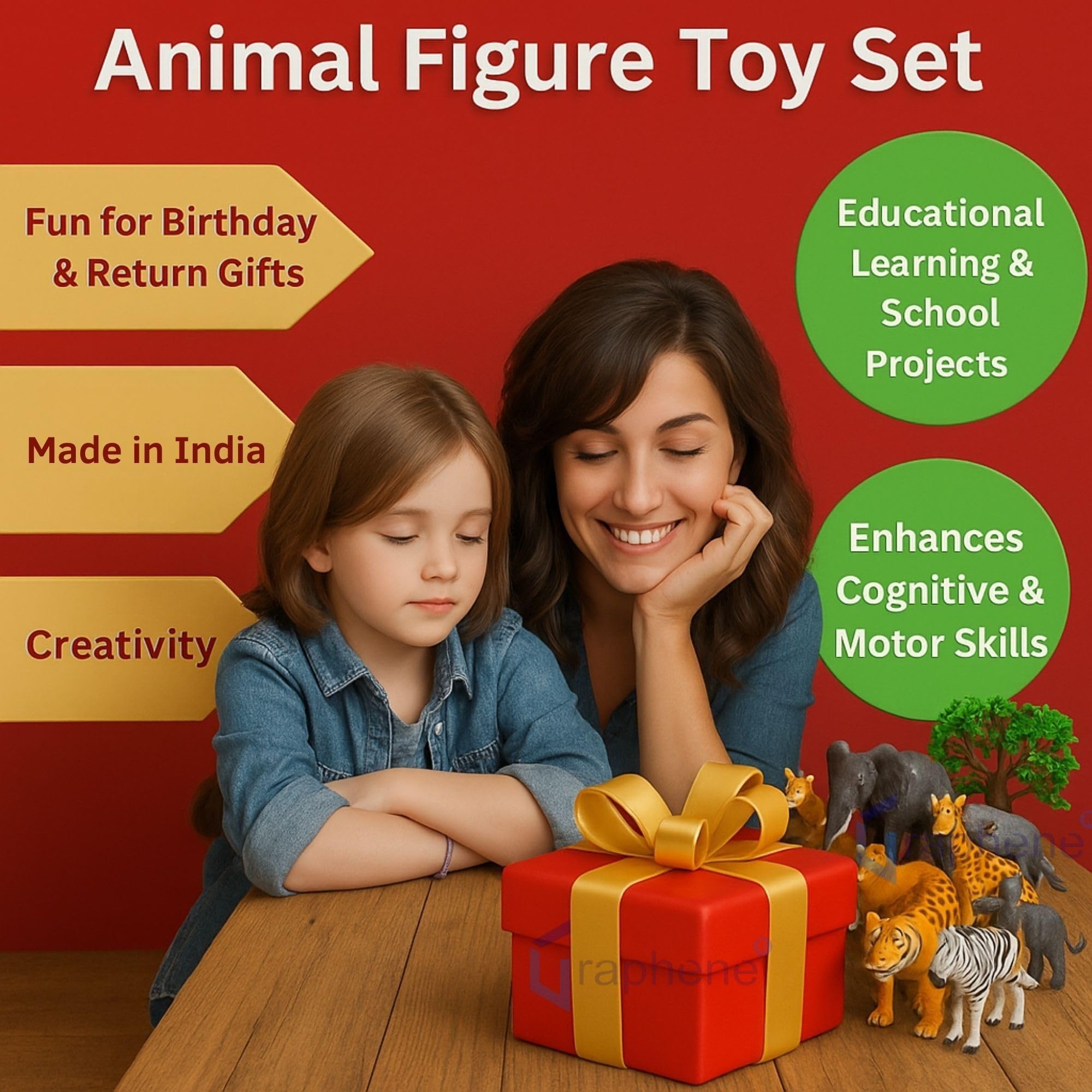 GRAPHENE 17 Pcs Animal Figure Toy Set, Farm & Jungle Animal Figure Playsets with Artificial Tree & Fencing Birthday & Return Gifts,School Project Learning Educational Toy Set for Kids 4