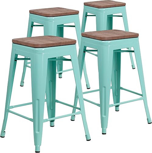 Miniatura 9 de Flash Furniture Sinclair Taburete de 24 pulgadas de alto sin respaldo de cristal verde azulado azul con asiento cuadrado de madera Cristal verde