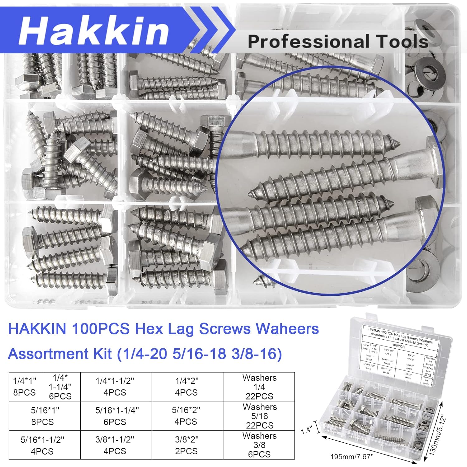 Hakkin 100PCS 1/4" 5/16" 3/8" Hex Lag Bolts Screws Washer Assortment Kit, Hexagon Head Lag Screws 304 Stainless Steel,Heavy Duty Wood Screws Assortment Kit Length Include 1" 1-1/4" 1-1/2" 2"