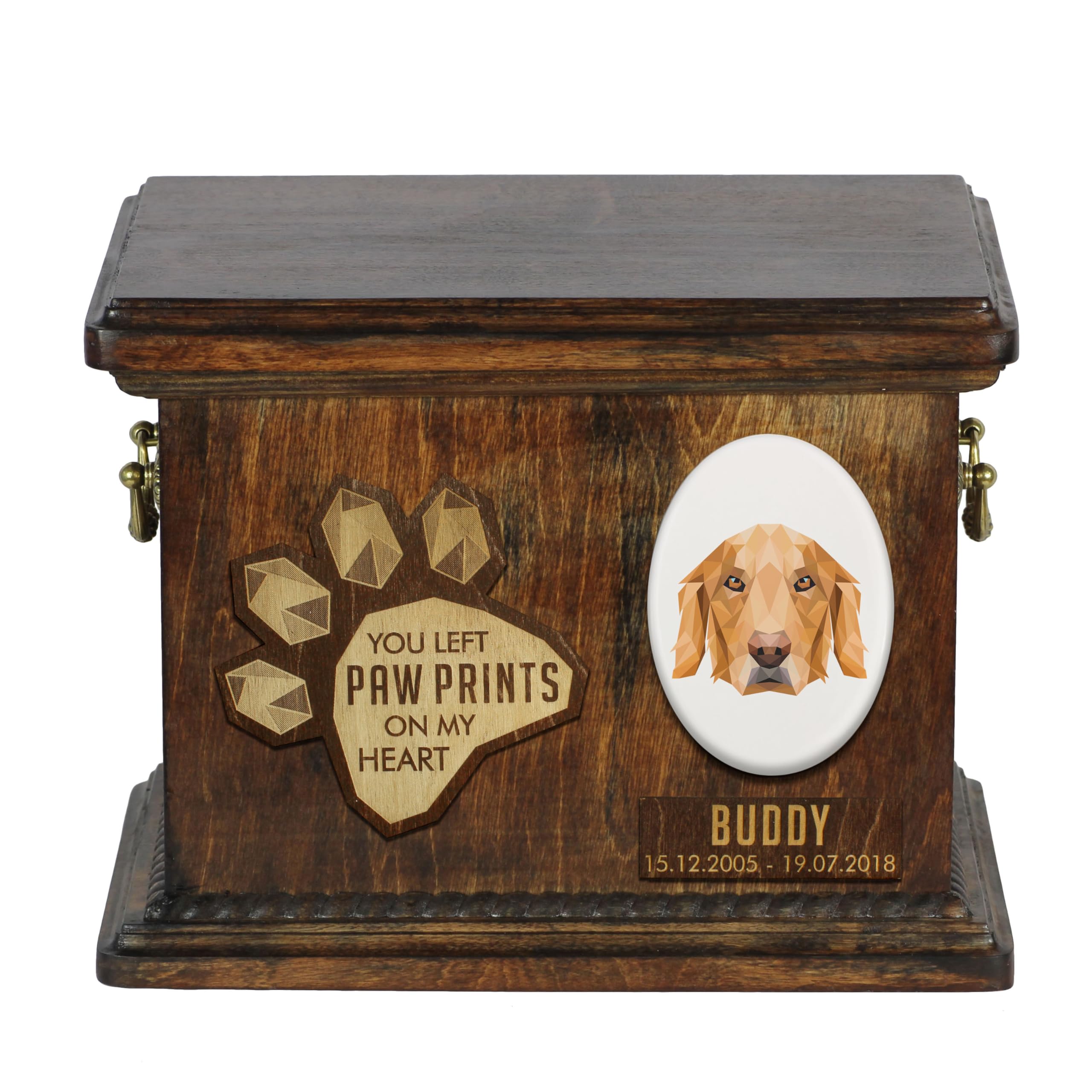 Art-Dog Custom Geometric Dog Memorial Urn - Handmade Wooden Urn – Decorative Ceramic Plate - Custom-made Dog Cremation Box for Ashes - 8,3x11,4x8,7” – Golden Retriever — image 1