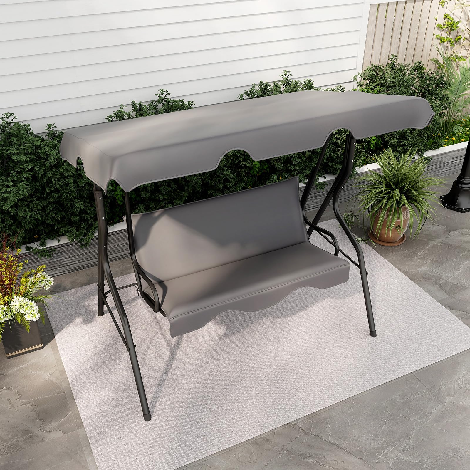 COSTWAY Dondolo da Giardino 3 Posti con Tettuccio Regolabile, Cuscino Removibile, Sedia Sospesso con Struttura in Metallo, Portata 225 kg, 172 x 110 x 154 cm (Grigio)