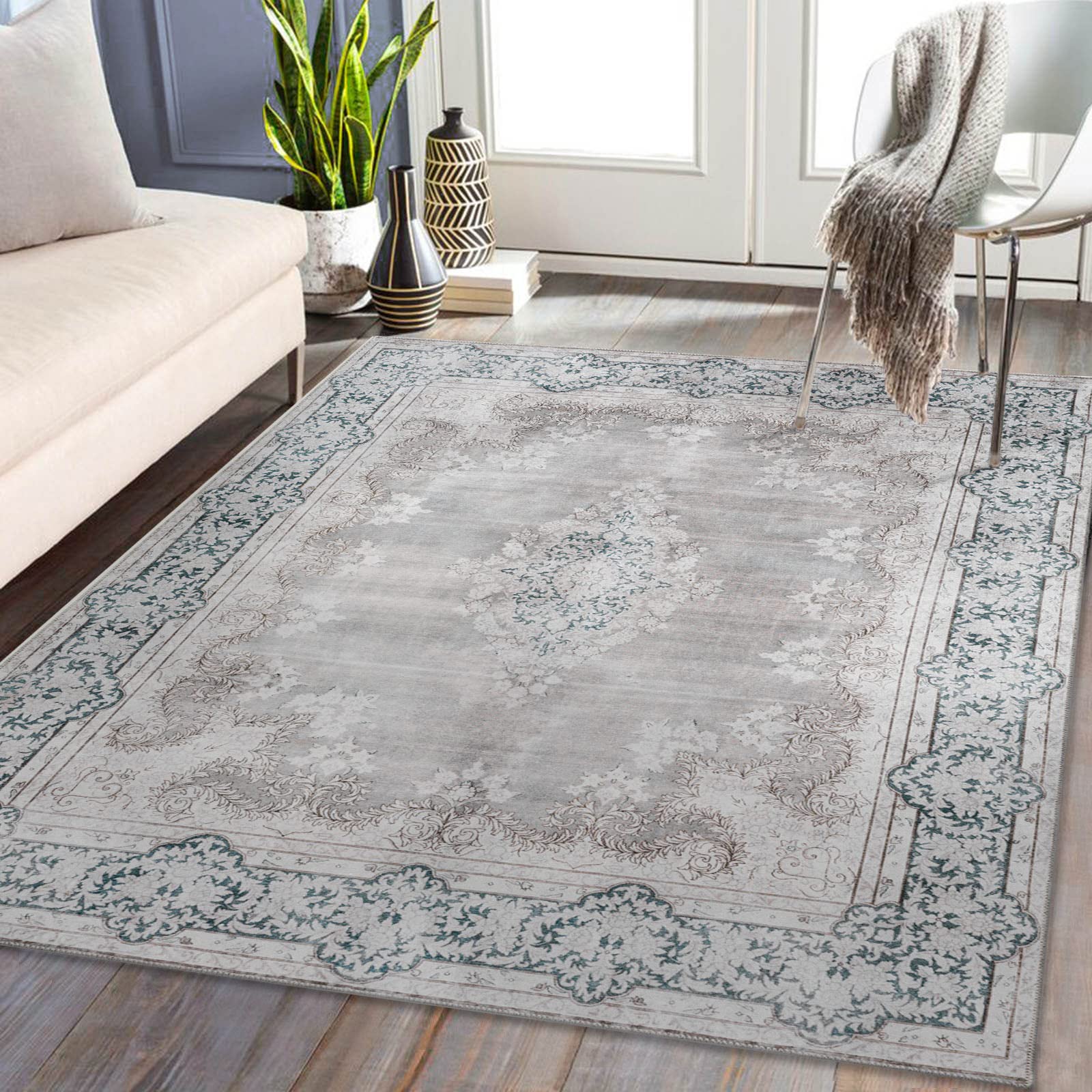 オックスフォードブルー Emily 5 x 7 Rug, Traditional Persian Rug with