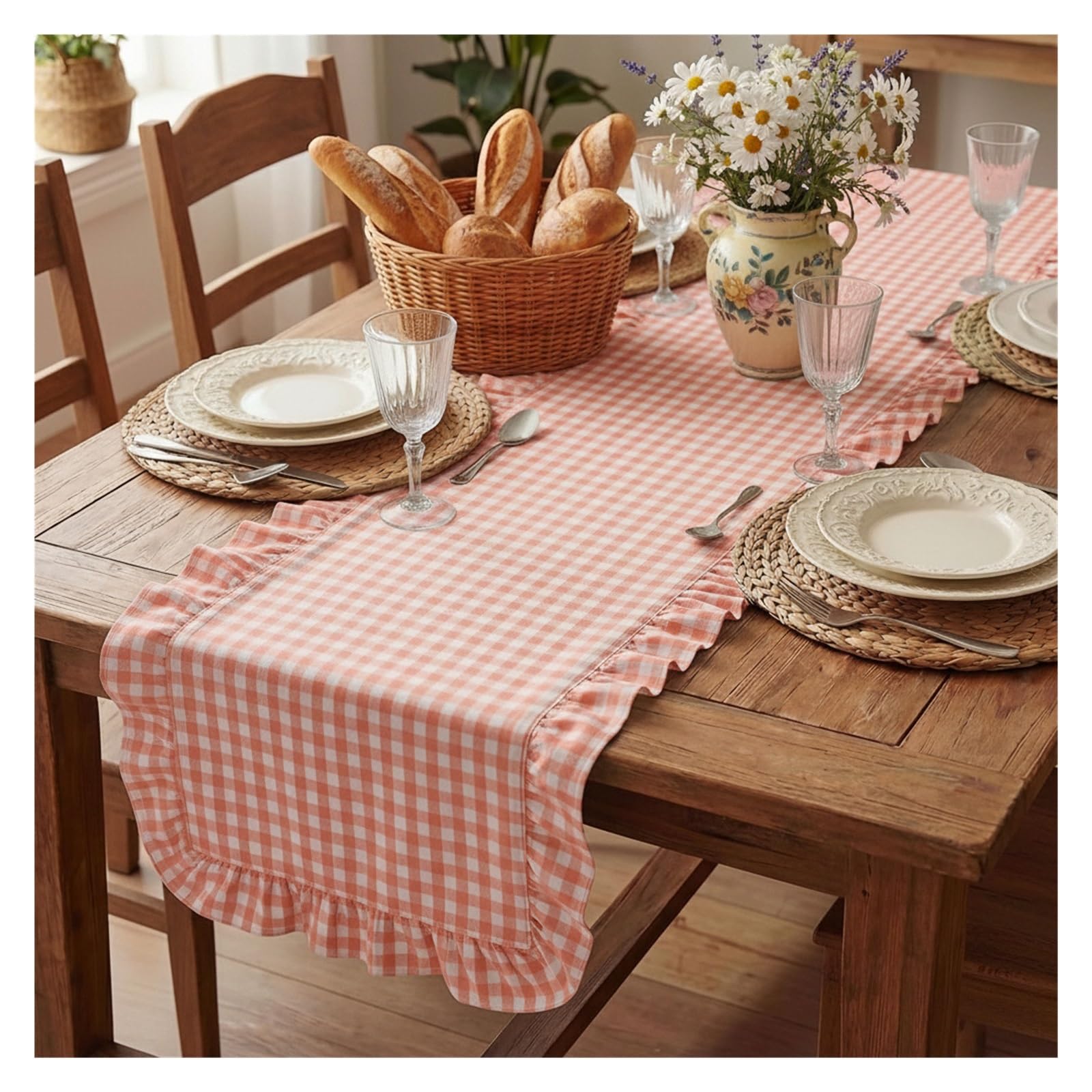 Ruffle Table Runner Ruffled Edge Gingham Plaid Table Runner Farmhouse Checkered Flag for Dining Kitchen Wedding Home(Pink,40x140cm)
