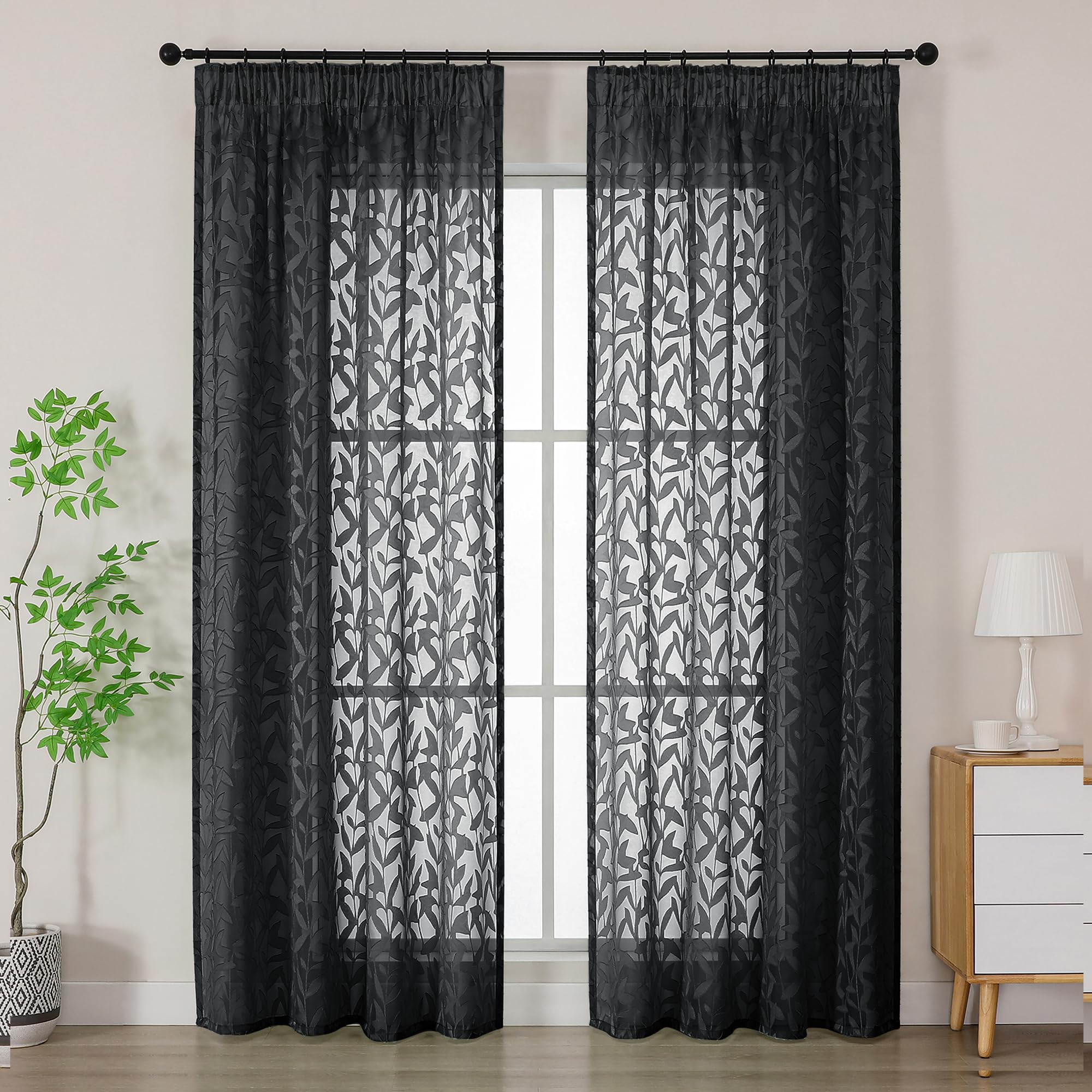 Simplebrand Black Textured Sheer Curtains 2 Panels W140 x L200cm, Leaf Clip Jacquard Voile Curtains, Pencil Pleat Semi-Sheer Window Drapes for Living Room Patio Doors Home Decor