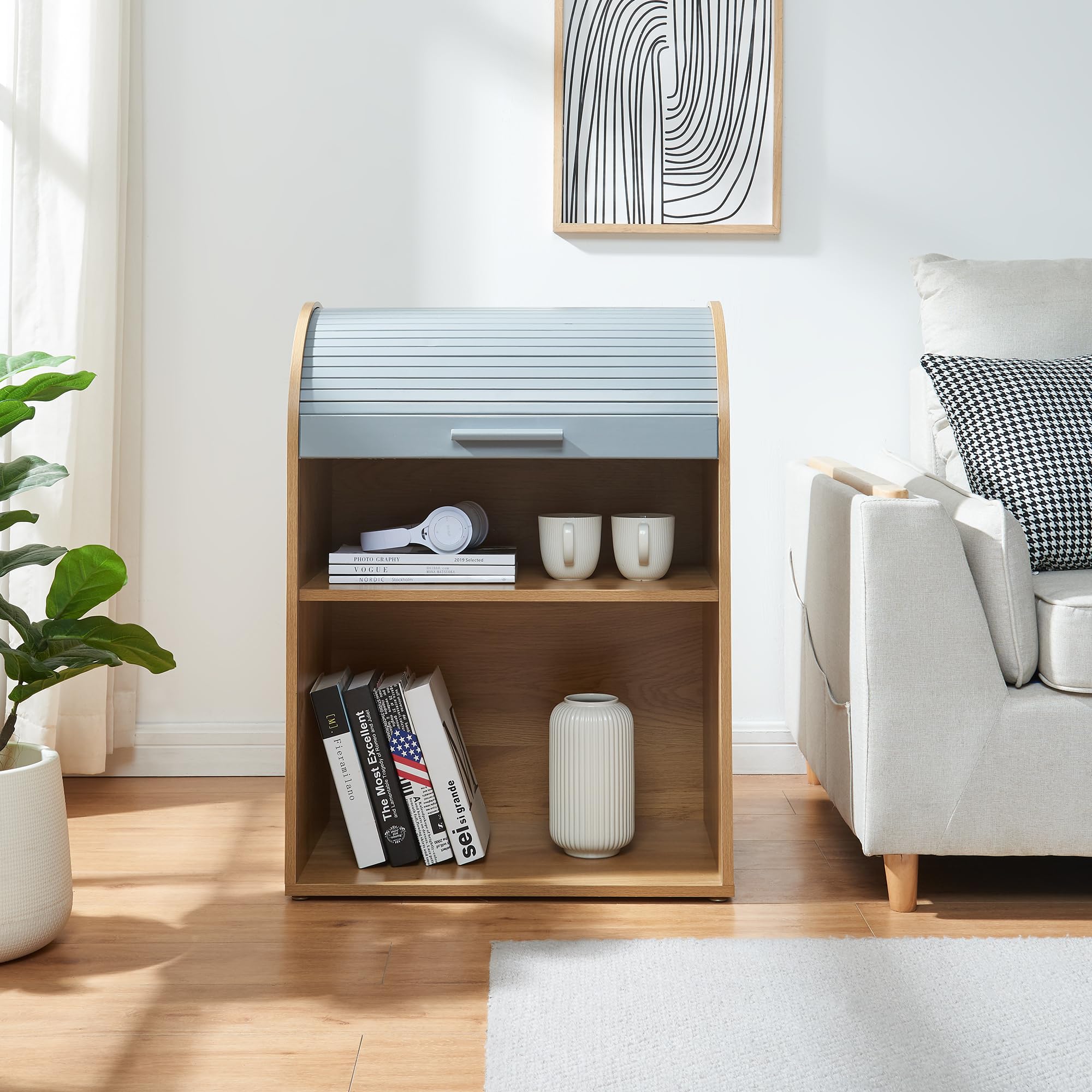 [en.casa] Jalousieschrank Kavlinge Rollladenschrank mit Einer Tür Büro Wohnzimmer Aktenschrank 80 x 60 x 40 cm Bambus/Grau