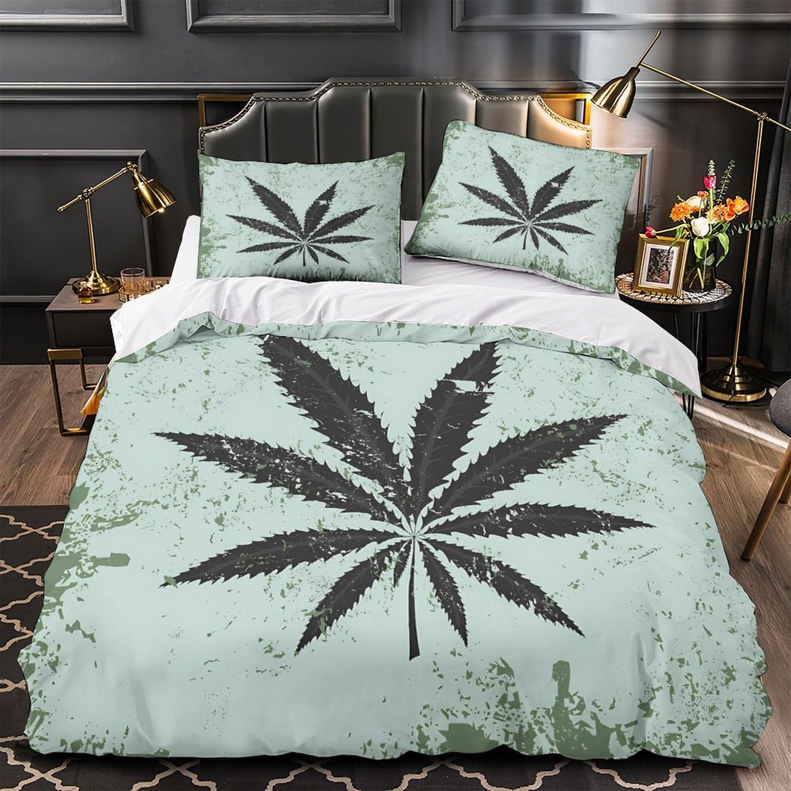 Housse de couette microfibre résistante aux lavages motif feuille de marijuana 3D