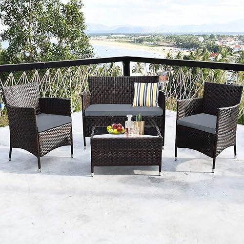 Miniatura 2 de COSTWAY Juego de 4 muebles de ratán para patio, sillas de mimbre para exteriores con mesa auxiliar, juego de conversación acolchado de ratán para