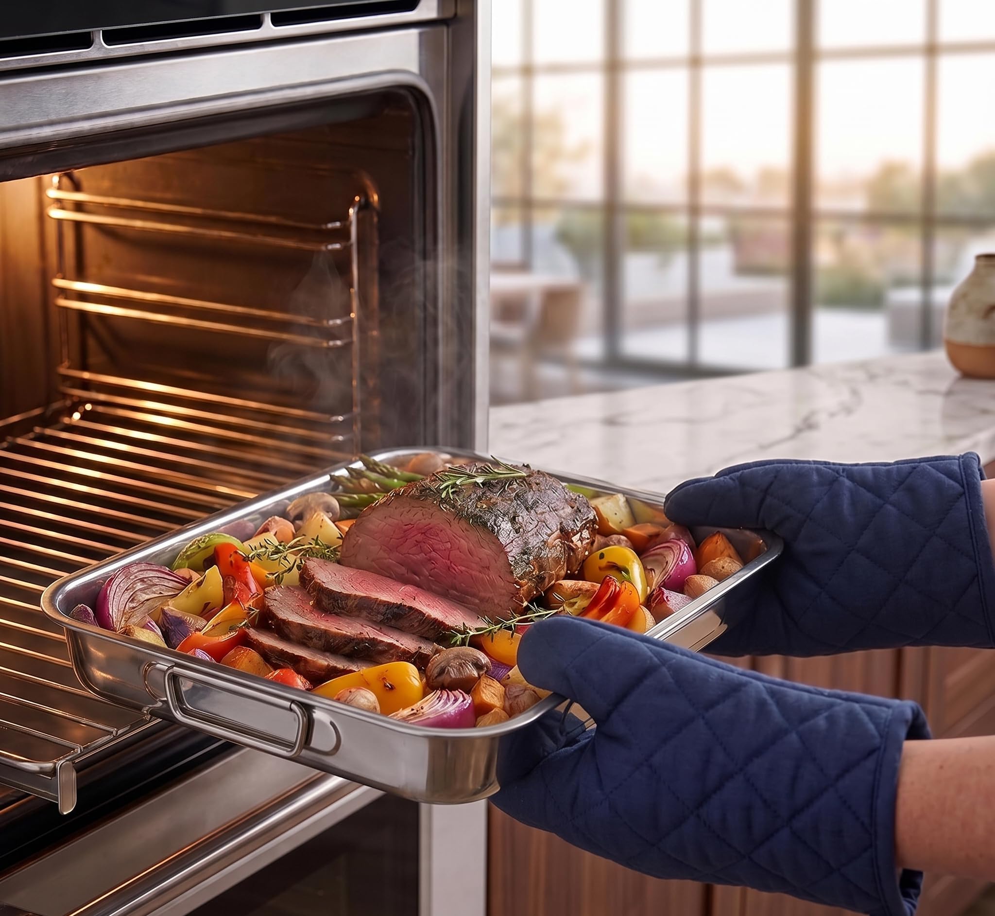 MGE - Set di 2 Teglie da Forno con Rivestimento Antiaderente - Lasagnera - Rostiera Rettangolare in Acciaio Inox