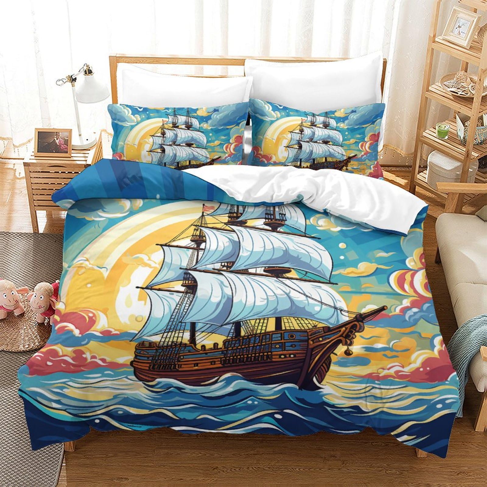 Parure de lit bateaux à voile en microfibre King 220x240cm avec housse de couette et taies