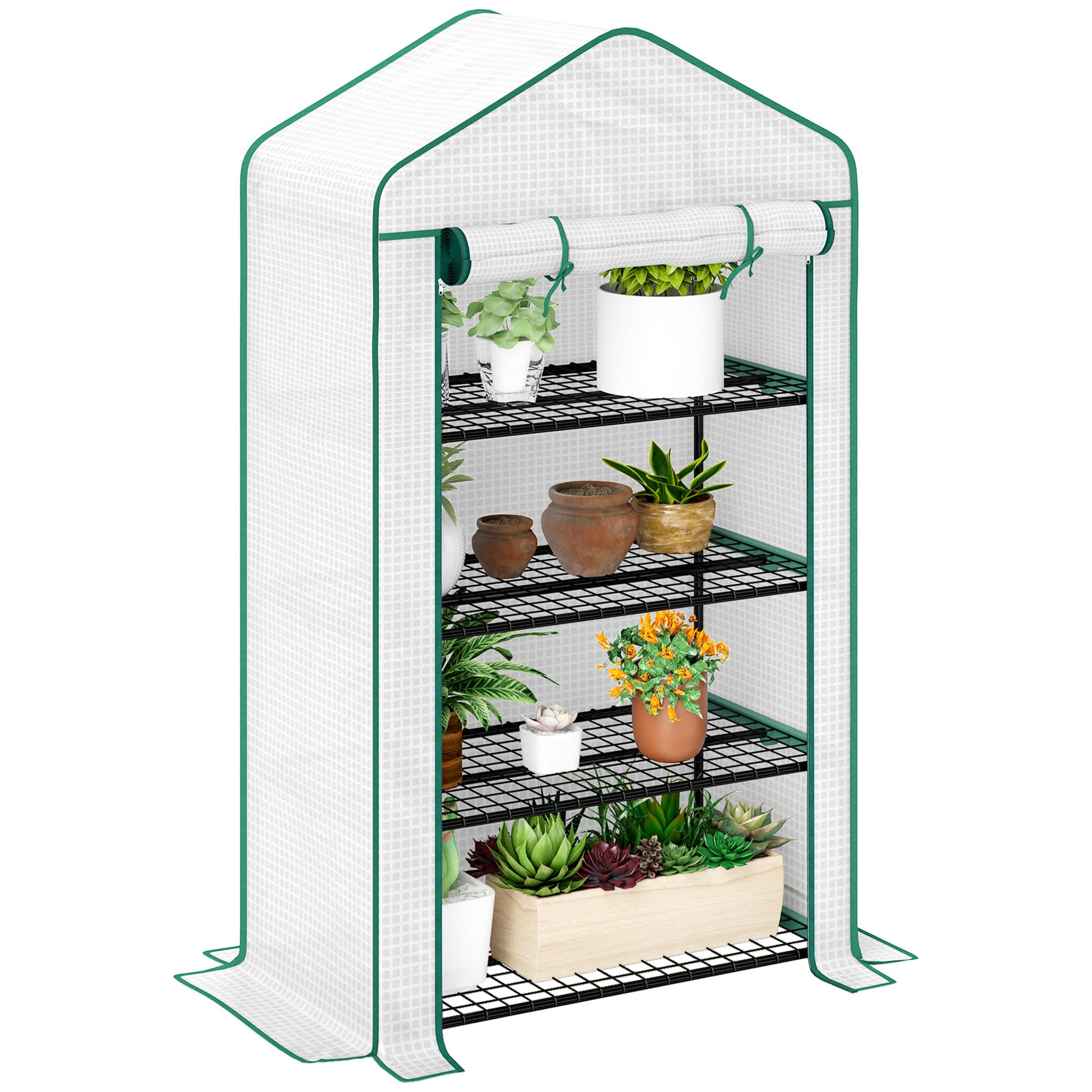 Outsunny Mini serra allargata 4 ripiani, copertura PE rinforzata Bianco | Serra portatile, porta a cerniera, ripiani in metallo, interno/esterno, 90x49x160cm