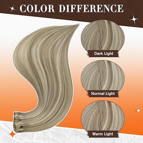 Miniatura 4 de Full Shine - Extensiones de cabello humano real con clips, 20 pulgadas, rubio oscuro con reflejos rubio platinado, cabello Remy lacio y largo, 2.11