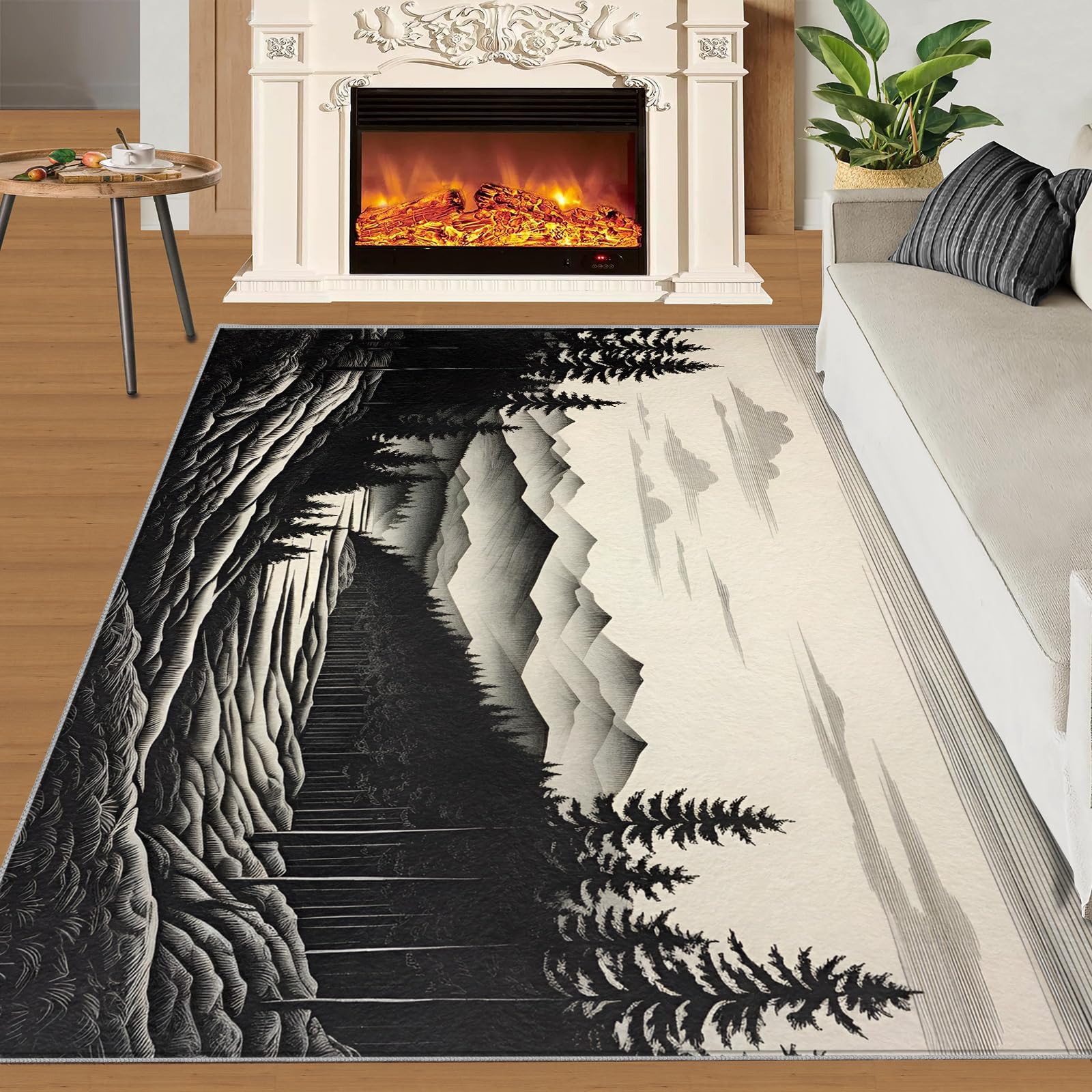 HYGIUID Nordic Forest Landscape Area Rug 5x6 - Mountain Silhouette Area Rugs for Kitchen, Misty Pine Tree Bedroom Area Rug Kids Low Pile Rug for Indoor Outdoor Hardwood Floors Home Decor