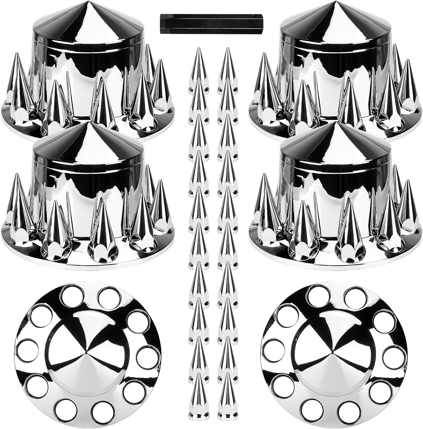 SEHNSUCHT 33mm ABS Axle Cover with Chrome Plating, Pointed Combo Kit Spike Screw-on Lug Nut Covers for Semi Truck with 2 Front and 4 Rear Axle Wheel Covers and Removable Hub Caps