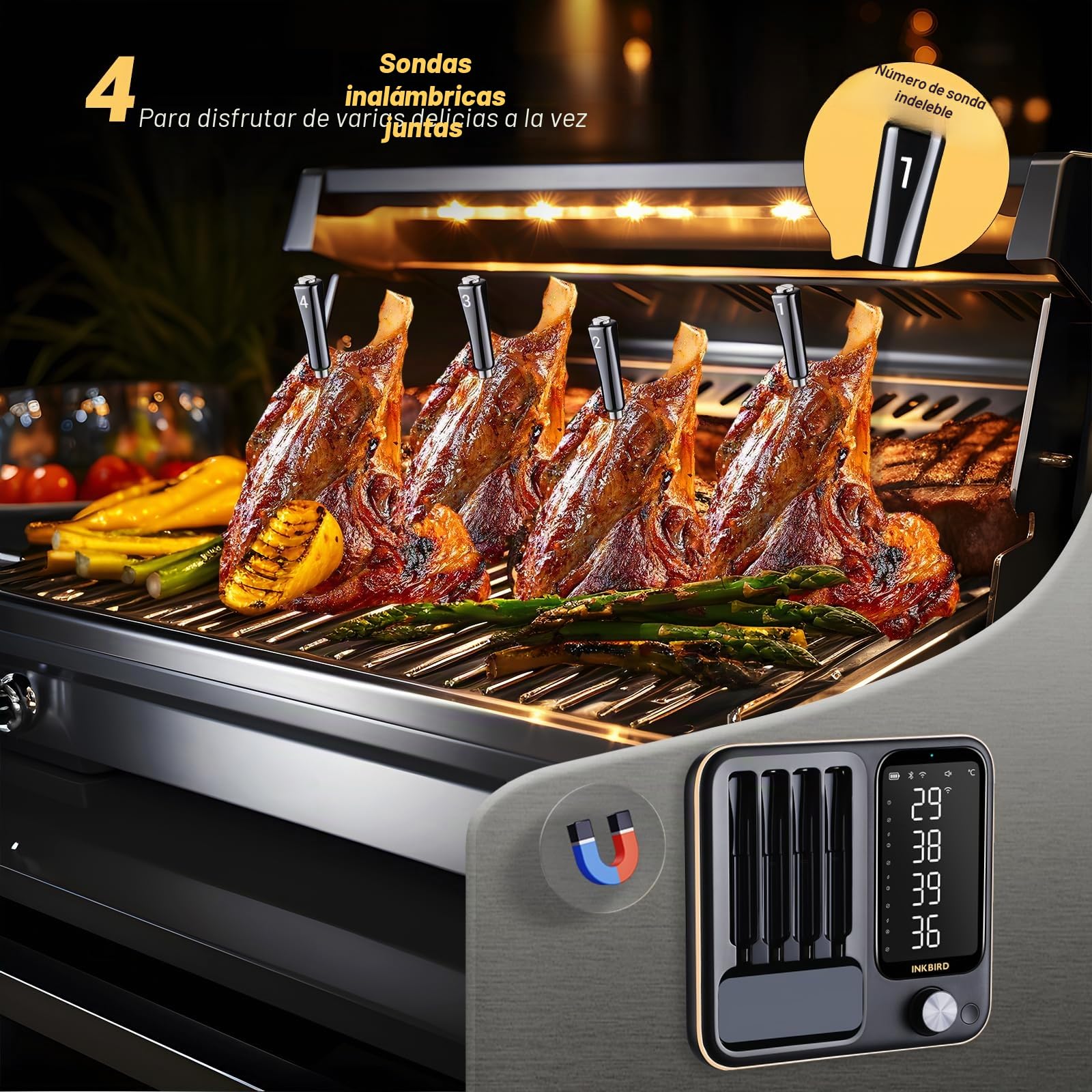 Inkbird INT-14-BW - Termómetro para carne inalámbrico, Smart Grillthermometer WIFI 2.4G y Bluetooth 5.4 Signal 91 m, Termómetro para horno, barbacoa, ahumador, asador, horno