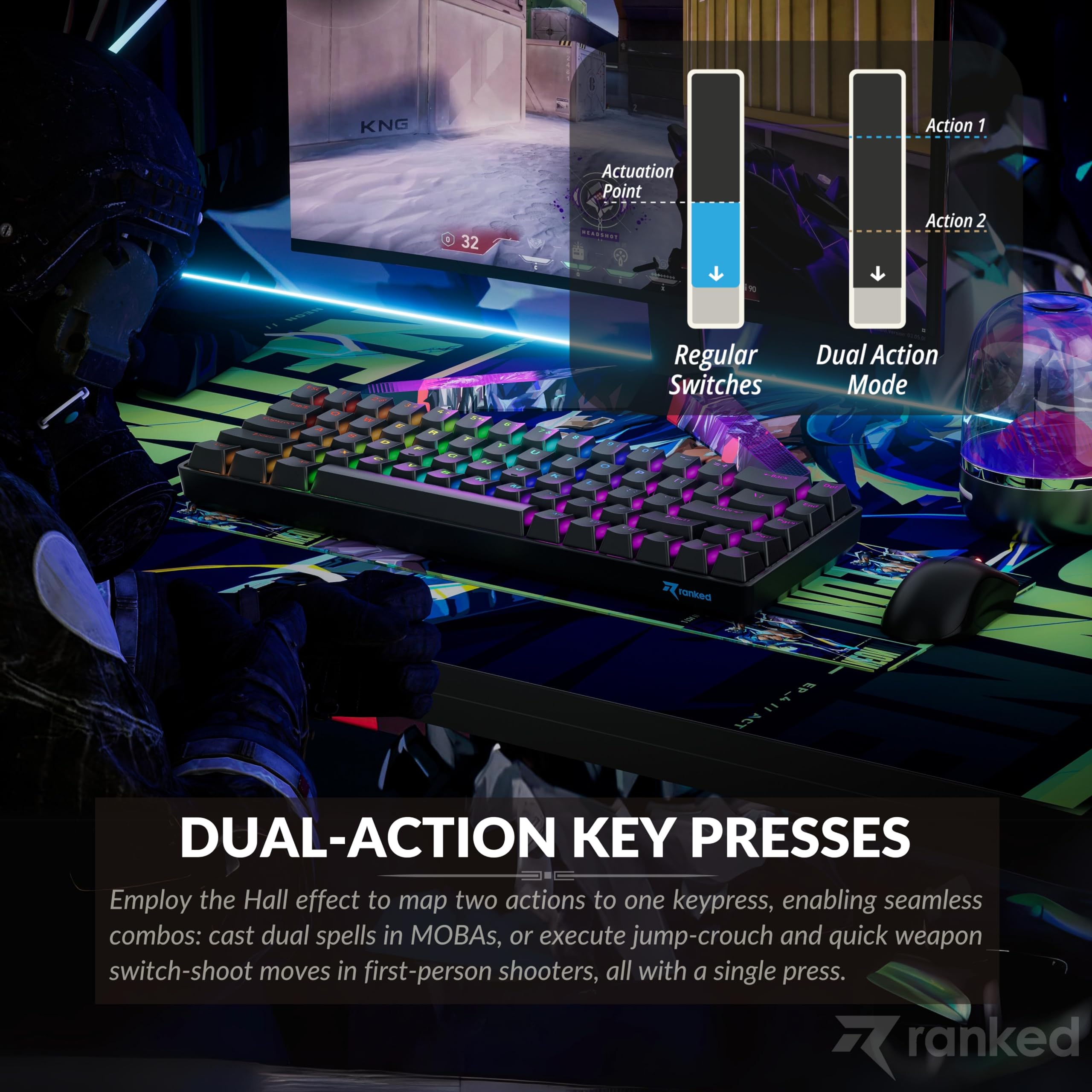 Ranked Master M65 HE 65% | Rapid Trigger Technologie | Clavier Gaming Mécanique Magnétique | 68 Touches RGB LED pour PC/Mac Gamer | Clavier Américain (Noir, Clear Switch)