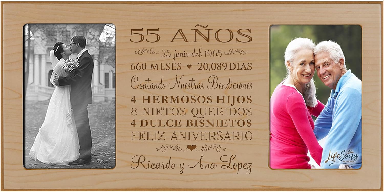 LifeSong Milestones Personalized 55th Anniversary Picture Frame Marriage Keepsake Gift with Spanish Verse - Fifty Five Years Wedding Gift for Parents Husband Wife Him Her Holds 2-4x6 Photo (Cherry)