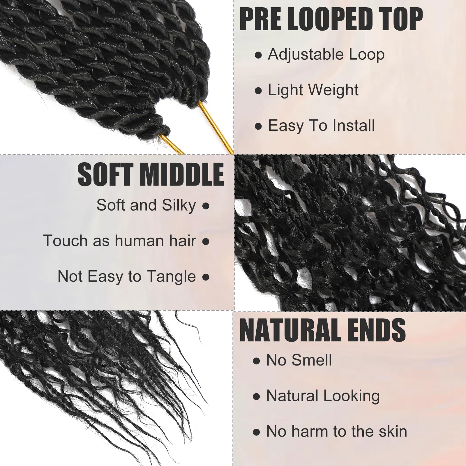 BLTYXT Goddess Boho Box Braids Crochet hair 24 Inch 8 Packs Pre Looped Water Wave Crochet Hair for Women Hair Extension (1B - Image 3