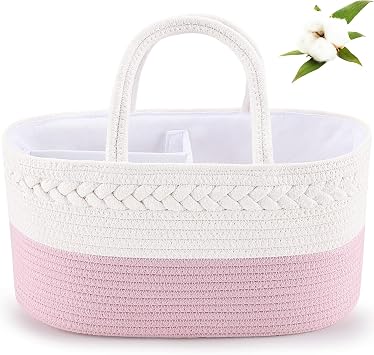 ABenkle Diaper Caddy Organizer, Cotton Rope Nursery Storage Basket Pink | Multi-purpose for nursery, car & changing table | holds diapers, wipes & baby essentials | durable | portable