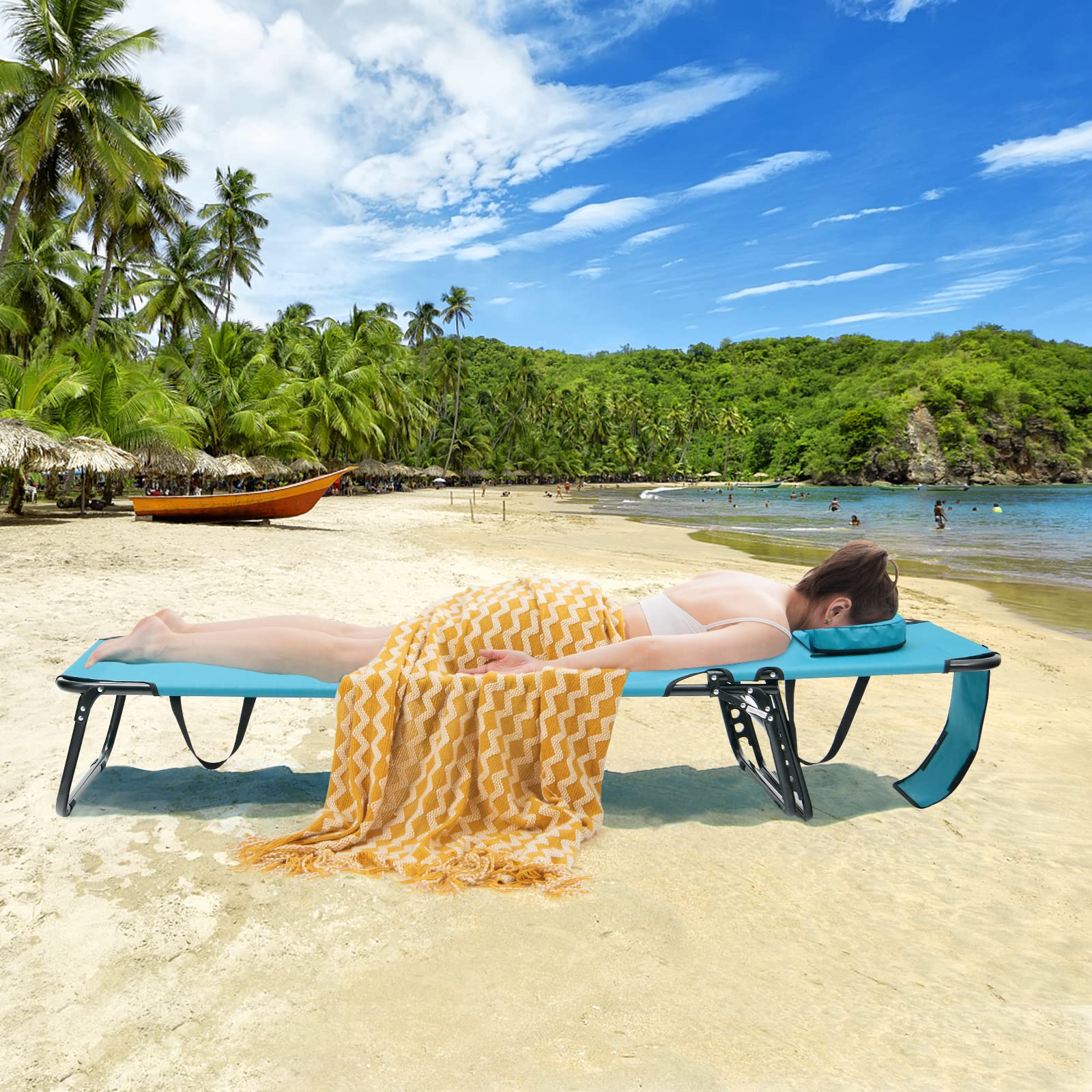 COSTWAY Chaise Longue Pliante, Bain de Soleil Réglable à 5 Positions, Charge 150kg, Trou pour Visage, 3 Coussins Amovible, Tissu Oxford, Sangle, Transat Jardin Exterieur pour Plage Piscine(Turquoise)