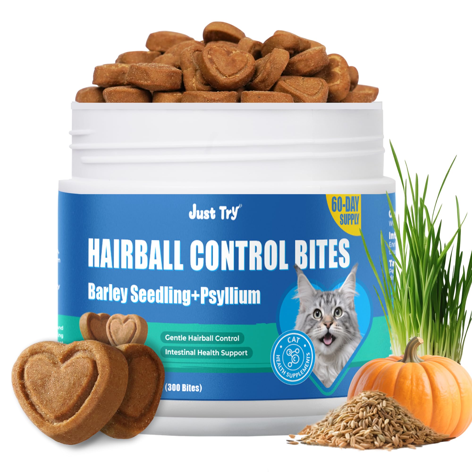 Just Try 300 Bites Hairball Control Cat Treats - Hairball Treatment & Relief for Cats - with Cat Grass, Pumpkin, & Omega-3 Fish Oil, Crunchy Chicken Flavor Crunchy Bites