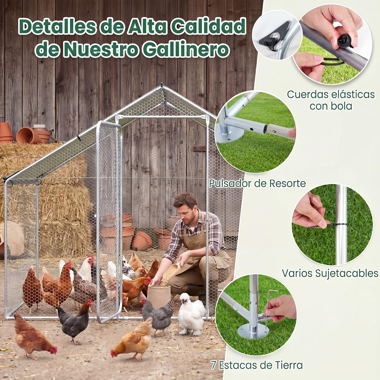 GYMAX Gallinero para Exterior Grande, 300 x 203 x 202 cm Jaula Gallinas de Metal con Corral Accesible, Cubierta Impermeable, Puerta Bloqueable y Estacas, Recinto Gallinero para Jardín, Granja
