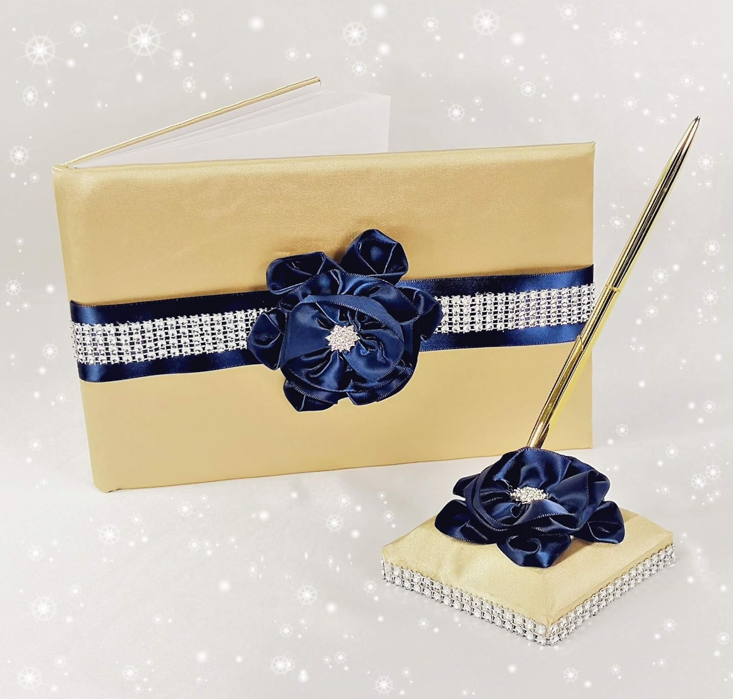 Abbie Home Wedding Guest Book and Pen Set in Gold Satin Cover with Navy Blue Ribbon Flower Rhinestone Decor Luxury Satin Collection Party Favor Set(Navy Blue+Gold)