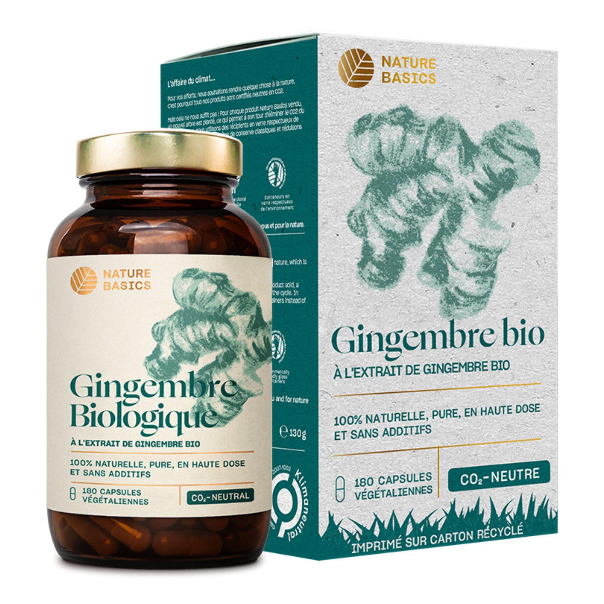 Nature Basics® Gingembre en gélules BIO & EXTRAIT | certifié & durable en pot | 180 gélules végétaliennes & pures | testé en laboratoire, en provenance d'Allemagne, sans additifs & neutre en CO2