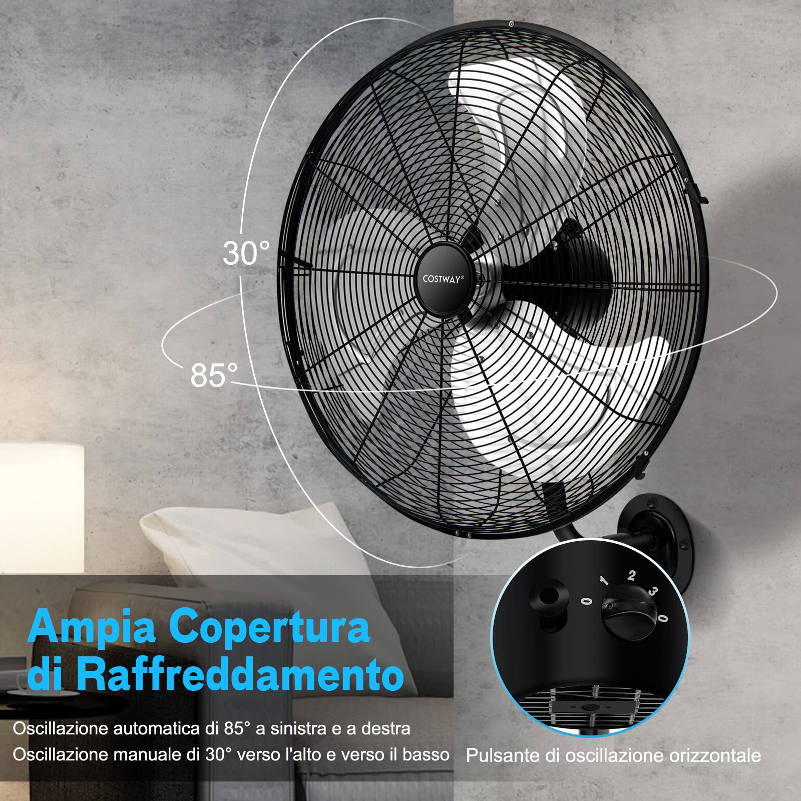 COSTWAY Ventilatore da Parete Girevole a 3 Velocità, Industriale e Silenzioso ad Alta Velocità con Pale in Alluminio, Potenza 120W, Diametro 51 cm (Nero)