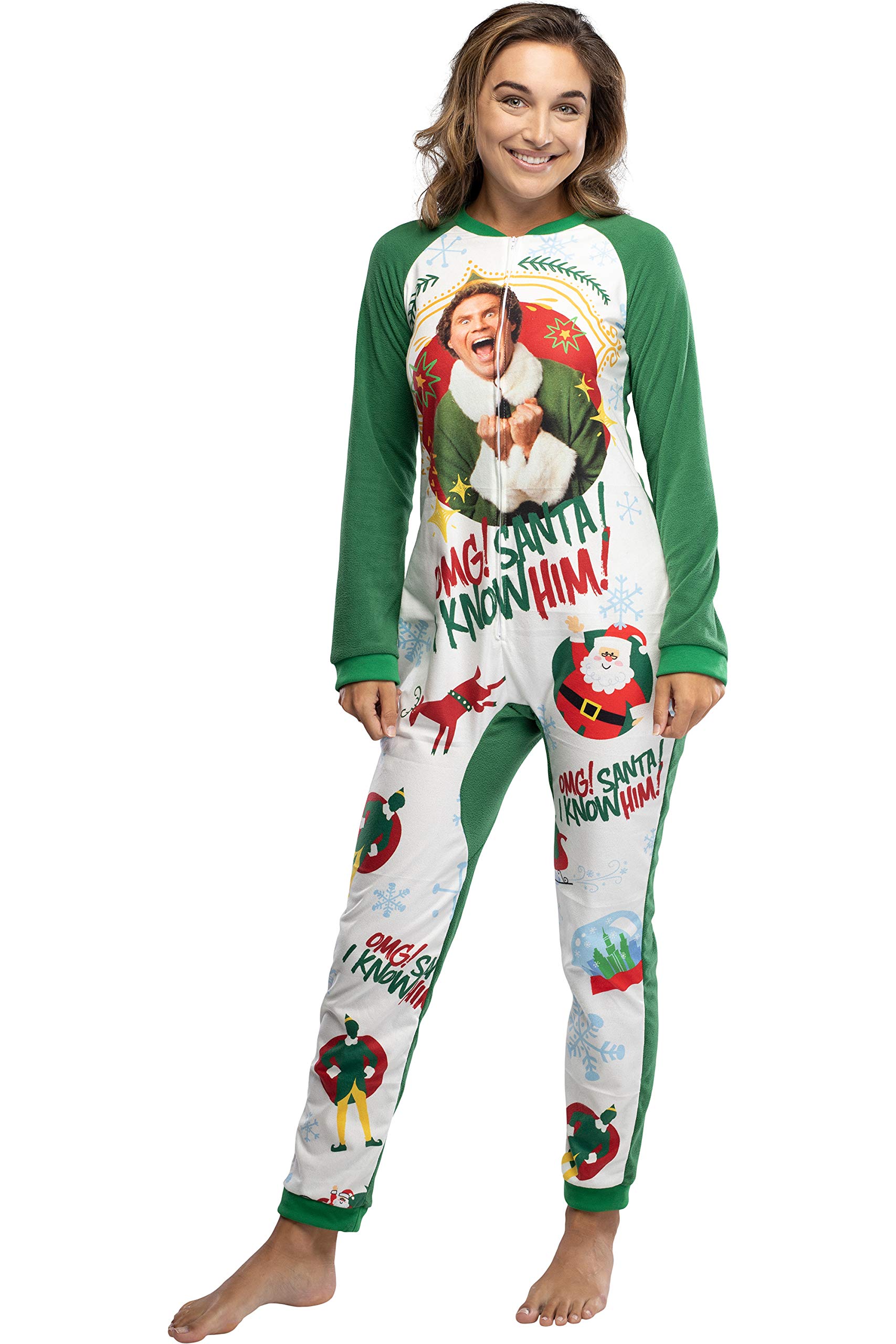 INTIMO Elf The Movie Women's OMG Santa! I Know Him! One-Piece Sleeper Pajama Union Suit