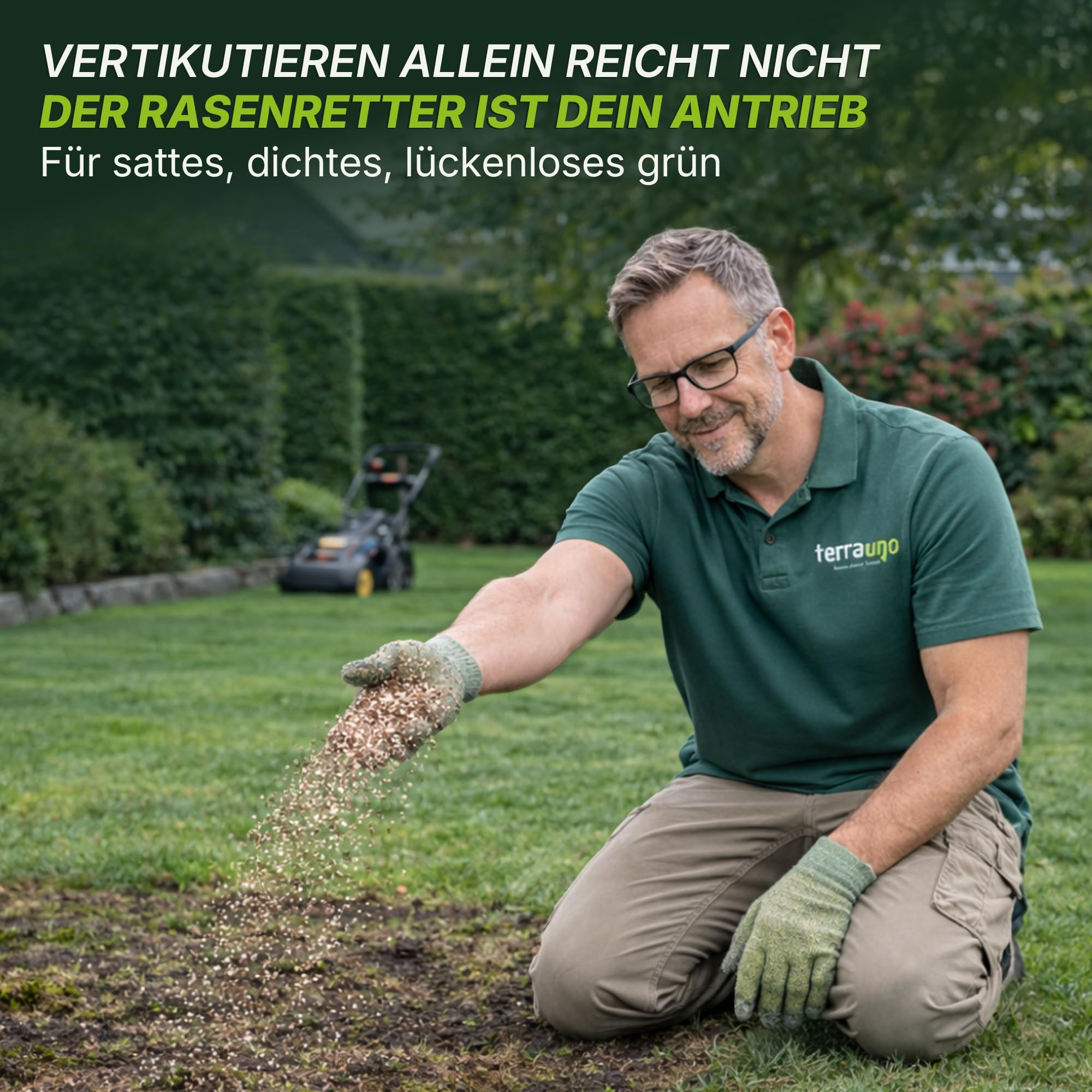 Terrauno - "Rasenretter" Vertikutiermix I 4 kg für 140 m² I Rasendünger, Rasensamen & Bodenaktivator I 3in1 Rasenreparaturmischung I Rasendünger Frühjahr mit Grassamen gegen kahle Stellen I Nachsaat