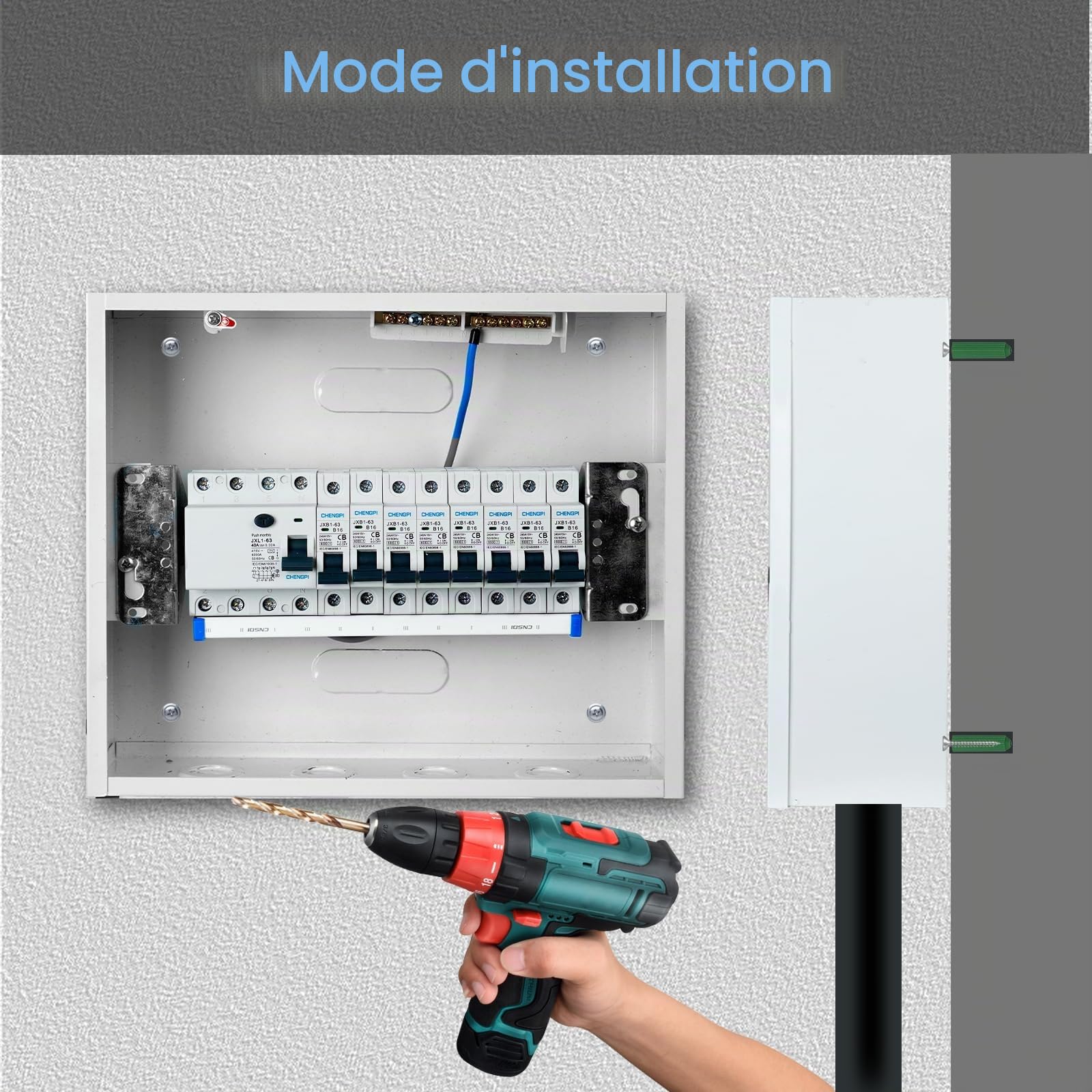 Coffret Electrique, Tableau Electrique 1 Rangée 12 Modules, Boitier Etanche Electrique Exterieur Avec Disjoncteur Différentiel 4P Type A 40A 30mA FI RCCB et 8 Fusibles AC B16
