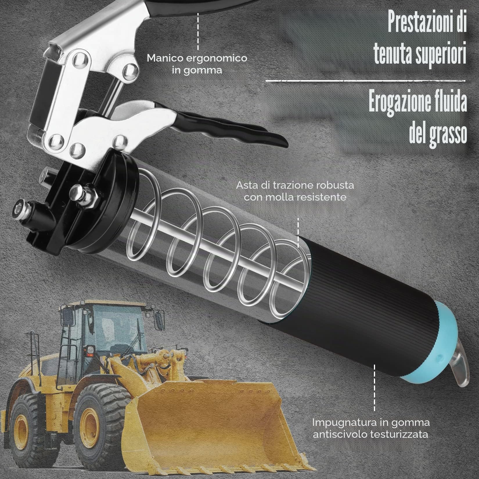 SHALL Pistola per grasso, kit pistola per grasso con impugnatura a pistola per carichi pesanti da 7000 PSI, tubo flessibile a molla da 18", ugello affilato, | Carico di 14 once