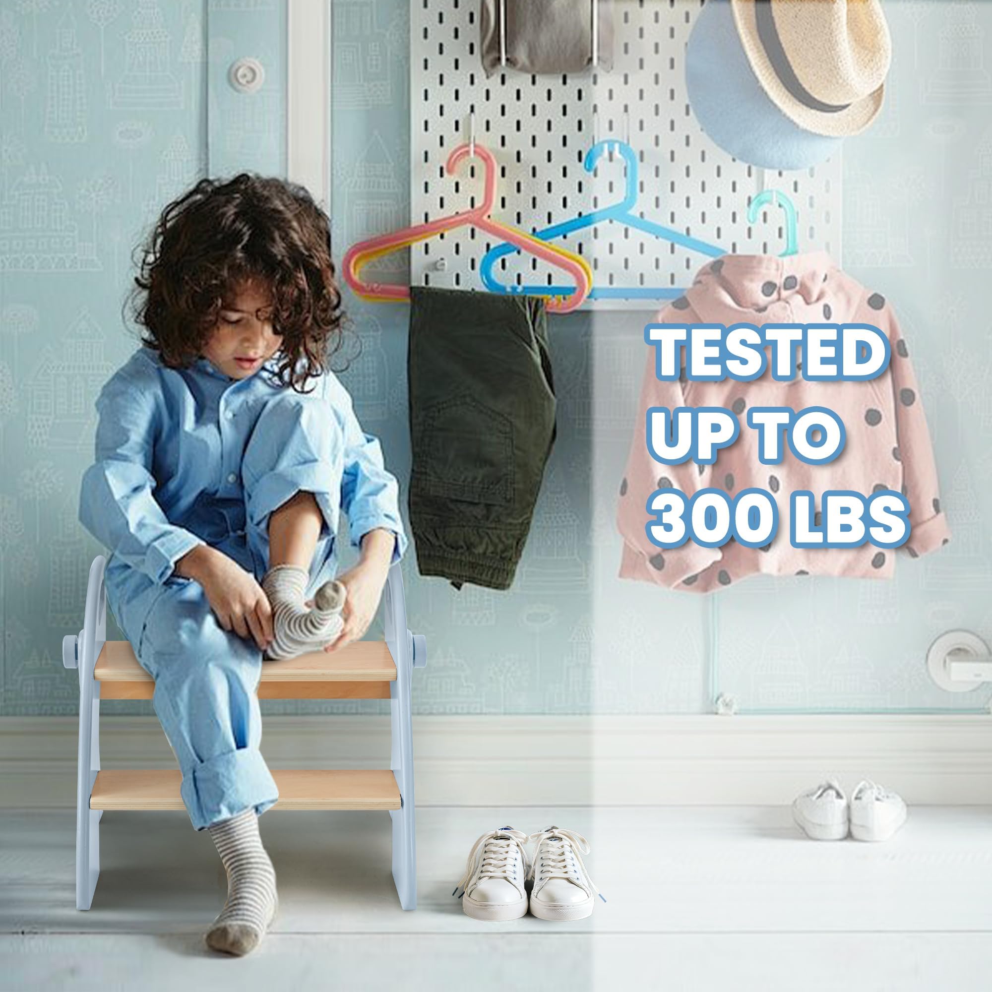 Taburete Niños Madera de 2 Peldaños Plegable, Capacidad de 130 kg con Alfombrilla Antideslizante y Asas, Escalon Infantil para Dormitorio, Cuarto de Caño, Cocina, Azul