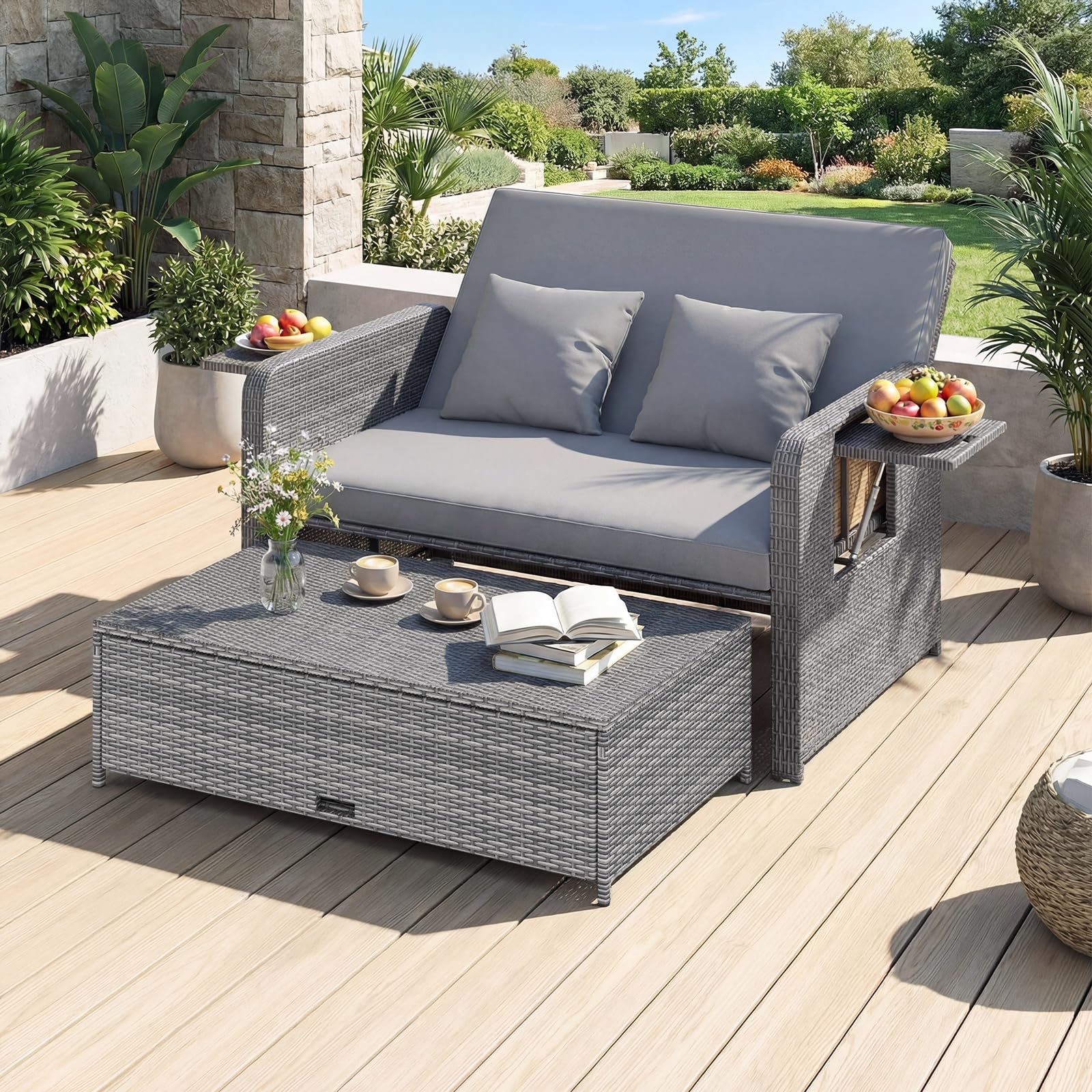 GIANTEX Canape Exterieur Jardin 2 Pièces, Canapé de Jardin 2 Places en Rotin PE, Ottoman de Rangement, Dossier Réglable, Tables d'Appoint Rétractables, Coussins Doux, pour Porche, Patio, Gris