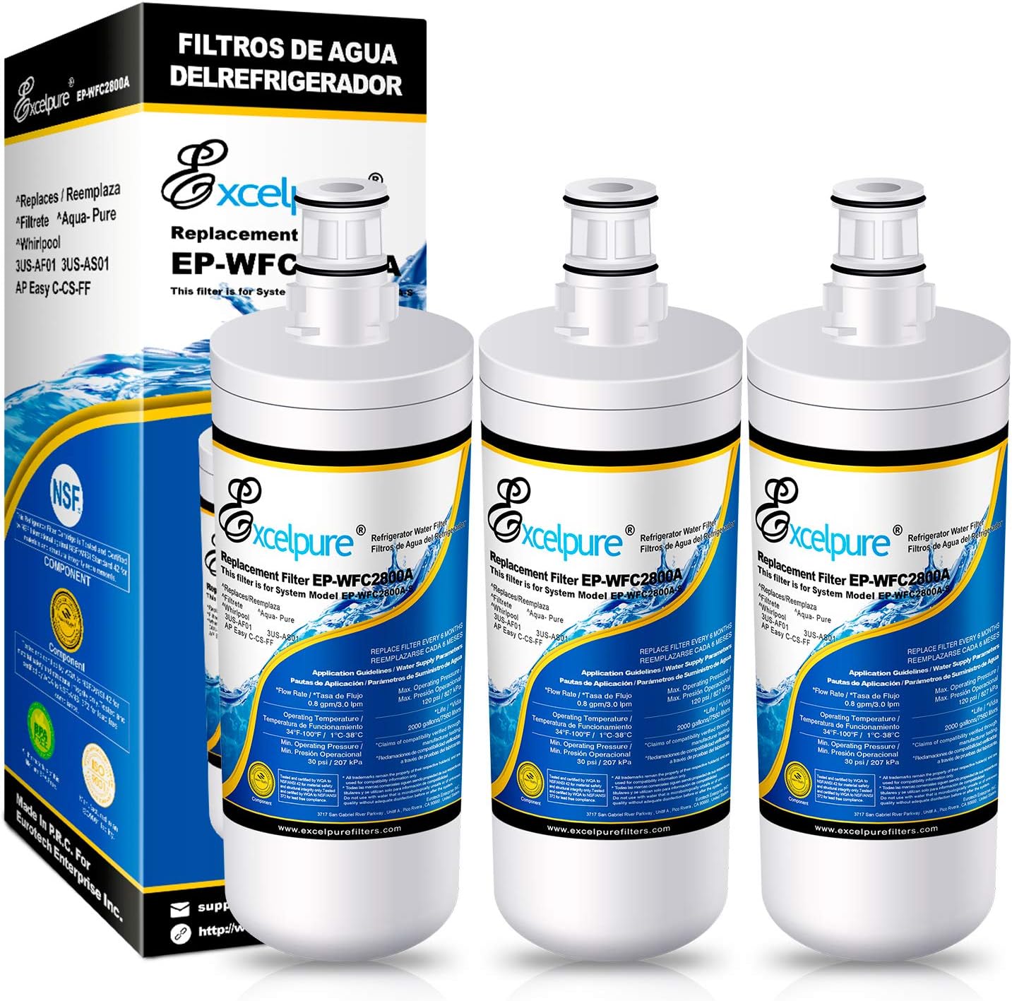 EXCELPURE 3US-AF01 Under Sink Water Filter Replacement for Filtrete Standard 3US-AF01 3US-AS01 Whirlpool WHCF-SRC WHCF-SUFC WHCF-SUF 3PACK