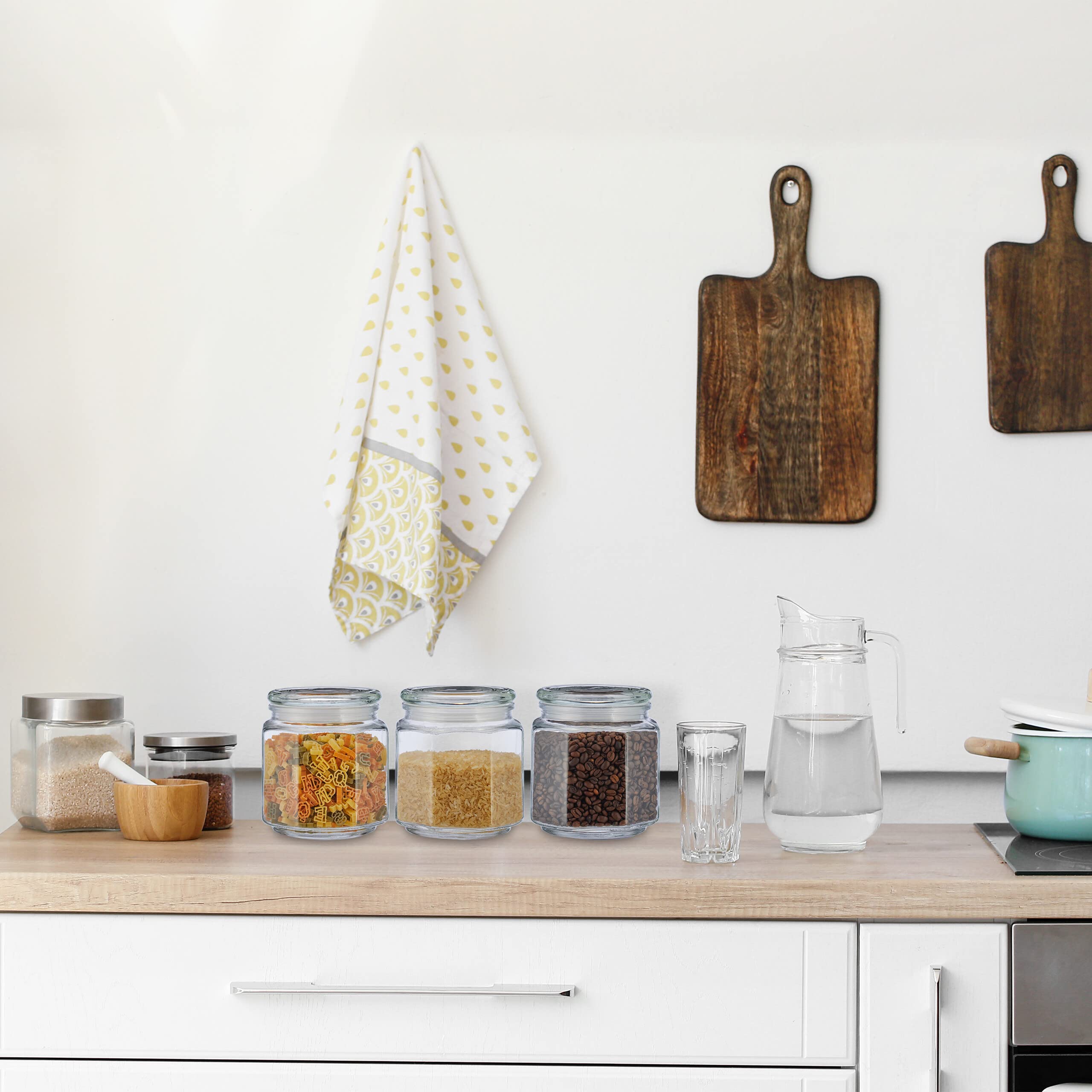 Relaxdays Set da 6 Barattoli per Alimenti, Coperchio in Vetro, Recipienti Ottagonali 1,3 l, Conserve Cucina, Trasparente
