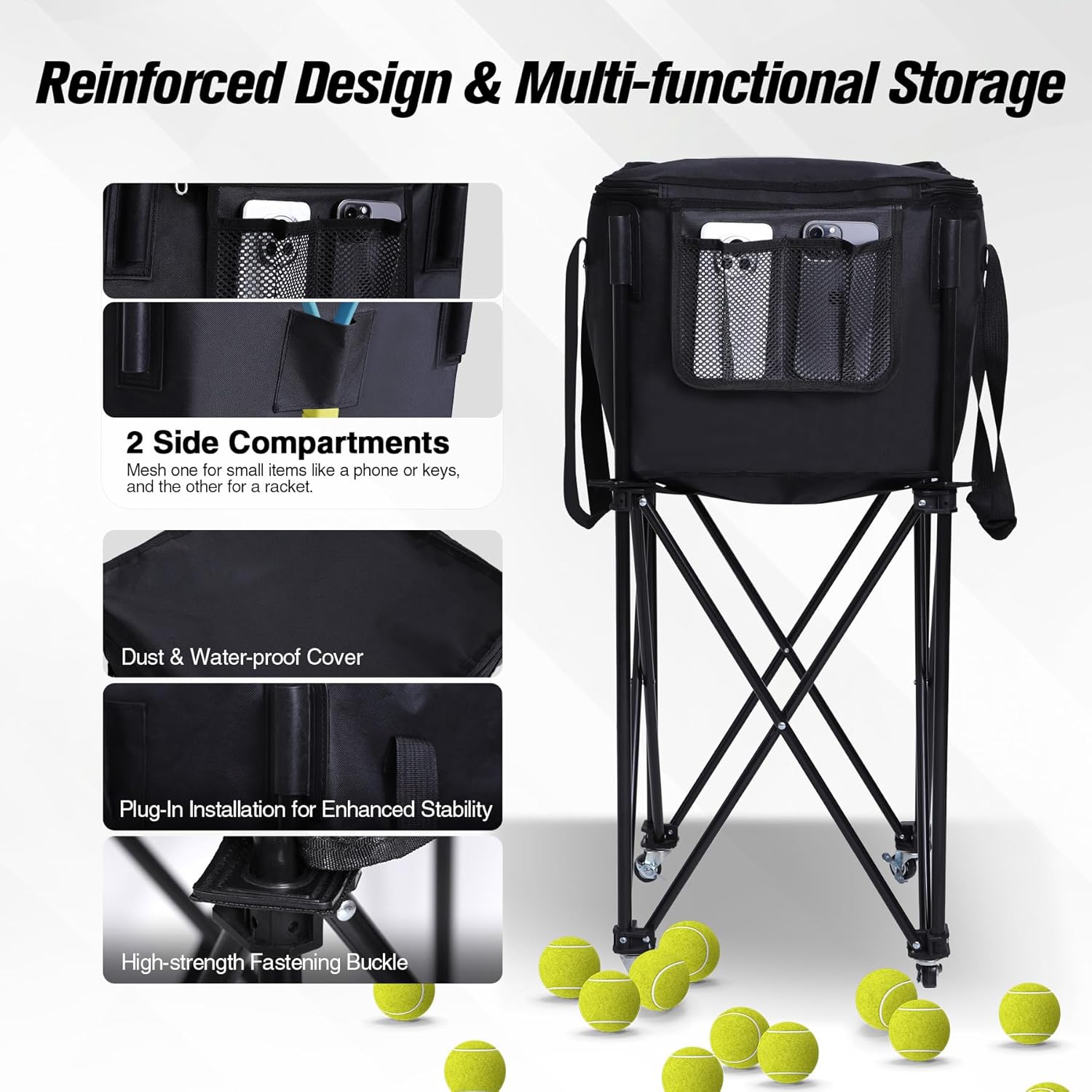 Lineslife Portable Tennis Ball Hopper Holds 200 Balls, Tennis Ball Basket Cart with 4 Wheels & Brakes, Detachable Oxford Fabric Bag for Tennis and Pickleball Training, Black