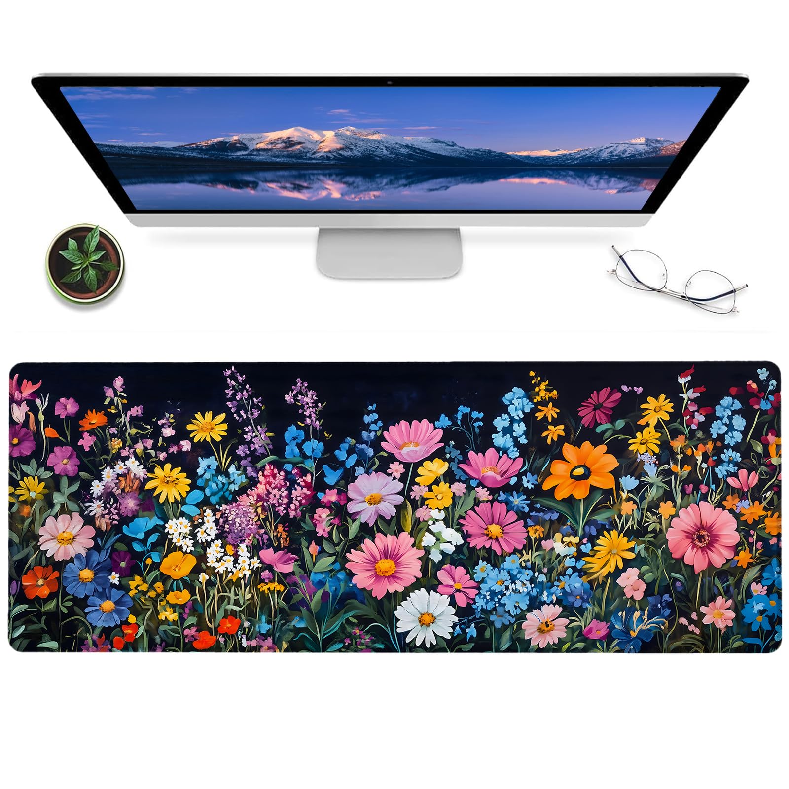 ainori Vibrant Wildflower Garden Gaming Mouse Pad – 12x31.5in Non-Slip Rubber Desk Mat with Colorful Floral Design – Large Extended Mousepad for