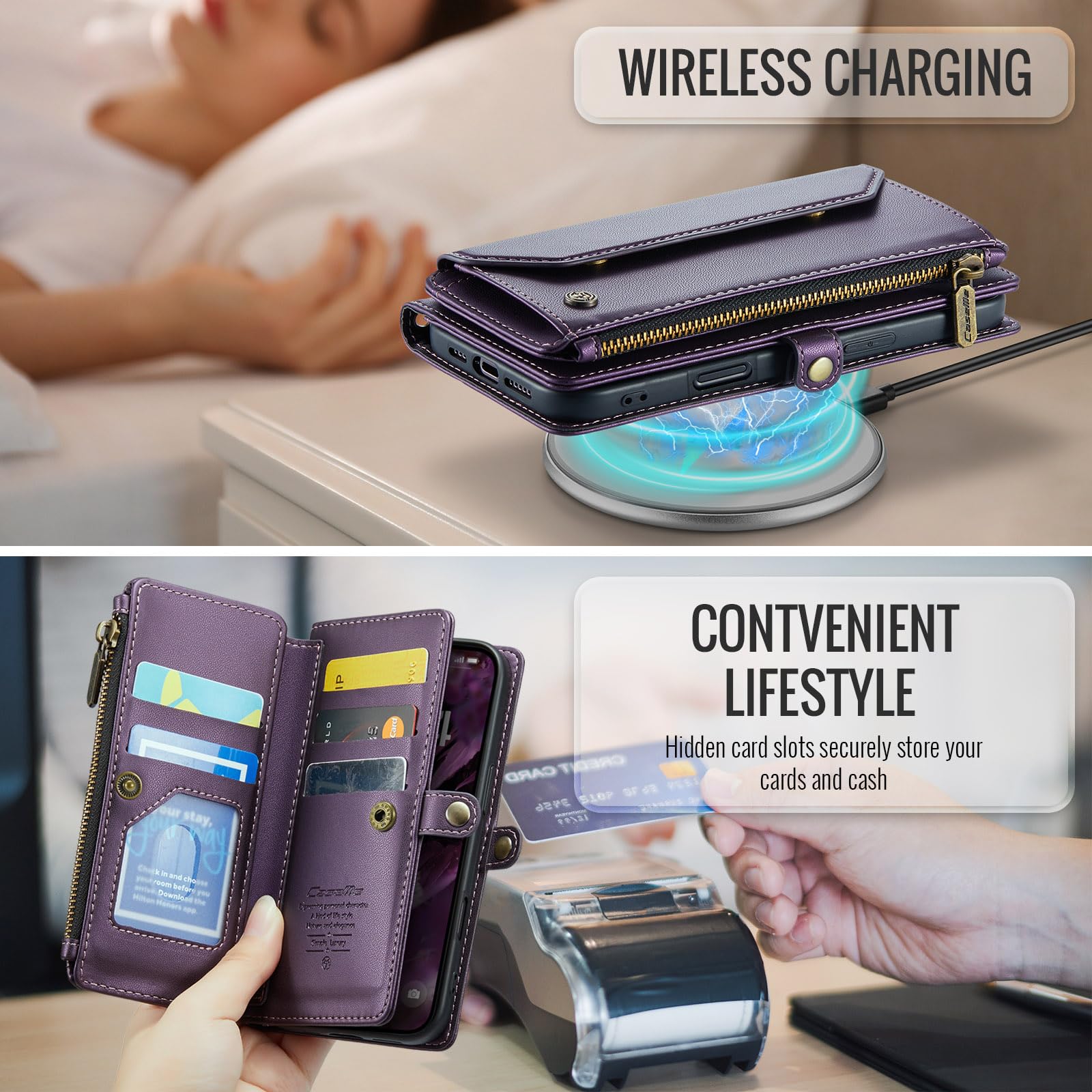 Dteck Custodia a portafoglio per iPhone 16 2024, con tracolla e cordino da polso, blocco RFID, slot per carte e tasche, custodia protettiva in pelle PU con funzione borsa/supporto, viola