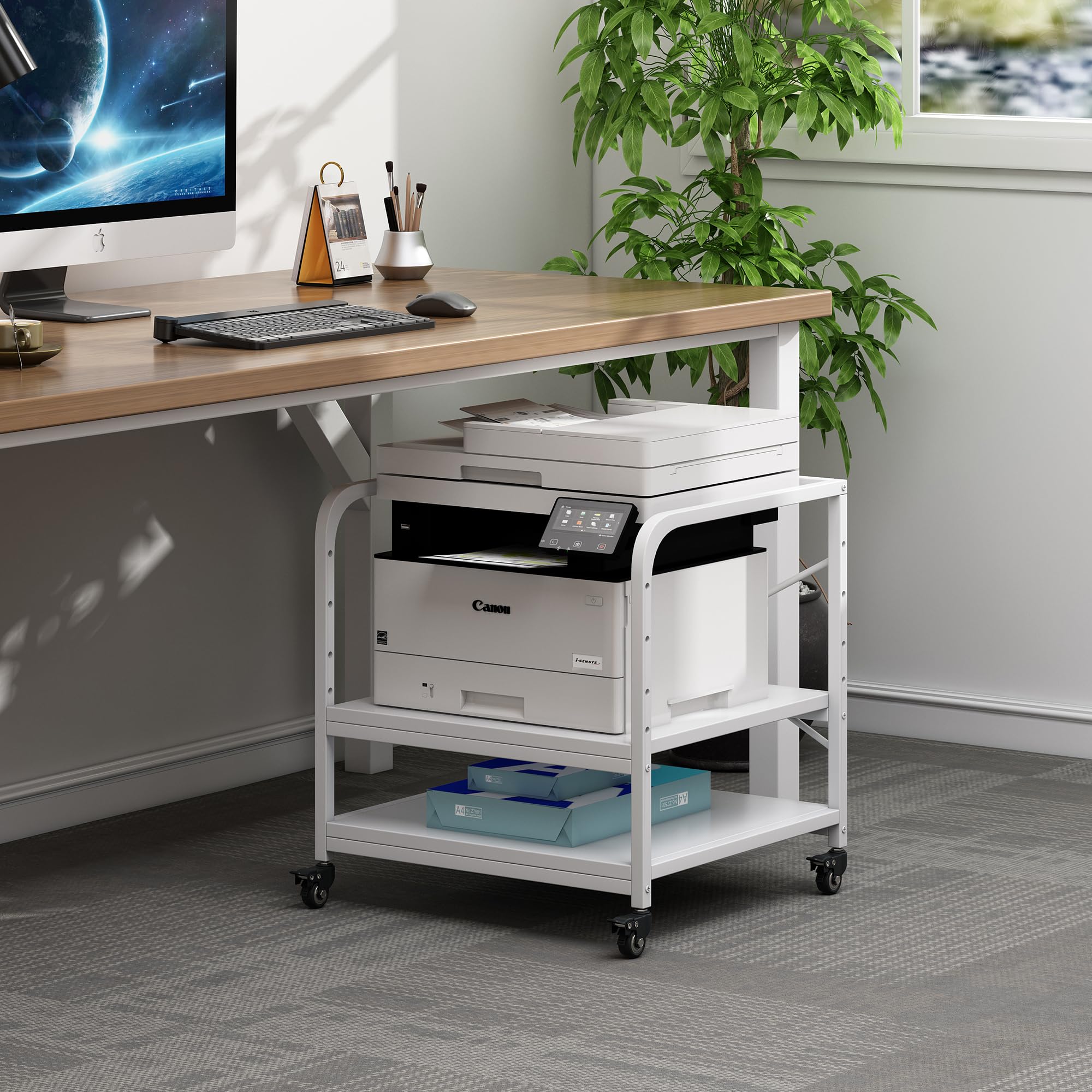 Fannova Soporte de impresora grande de 20 pulgadas de profundidad, mesa de impresora de 2 niveles debajo del escritorio con estante ajustable en altura, carrito de impresora rodante de 2 niveles con
