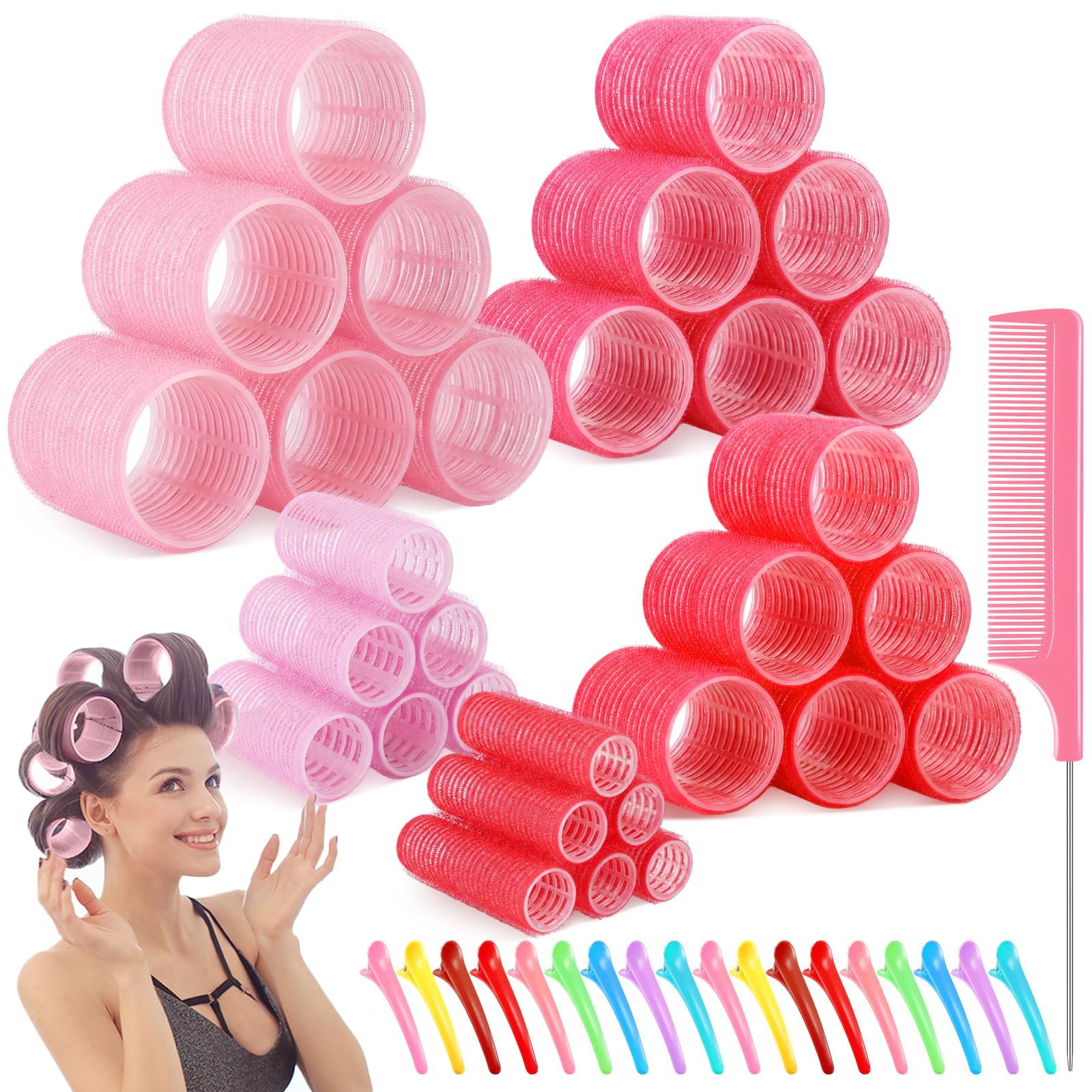 96 Piezas Sets de Rodillos de Pelo de Tamaño Gigante, 75 Rodillos de Pelo Auto Agarre Rizador de Peluquería, 20 Clips de Pico de Pato Peine de Cola Larga (55mm, 44mm, 36mm, 25mm, 15mm)
